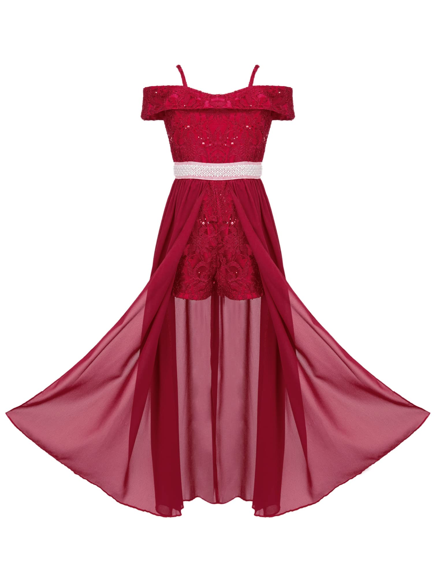 Flower Girls Dress for Kids - Off Shoulder Lace Chiffon Maxi Romper Gown for Weddings, Birthday Parties & Special Occasions | Perfect for Flower Girls, Pageants & Formal Events