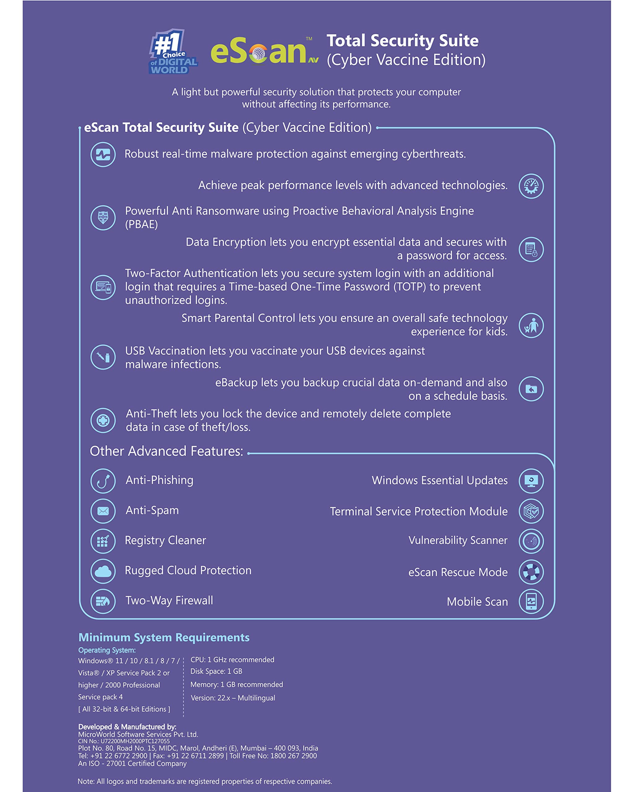 eScan Total Security Suite (Cyber Vaccine Edition) - 2 Users | 2 Year Subscription | PC Protection | Email Activation Code | Antivirus & Internet Security Software for Home & Office Use
