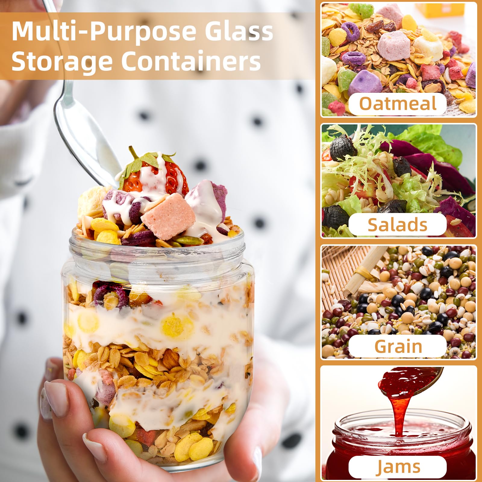 18 oz Glass Mason Jars Set of 2 - Airtight Overnight Oats Containers for Meal Prep, Yogurt, Seed Pudding & Food Storage | BPA-Free, Leakproof Grey Canning Jars (Perfect for Breakfast, Office Snacks & Kitchen Organization)