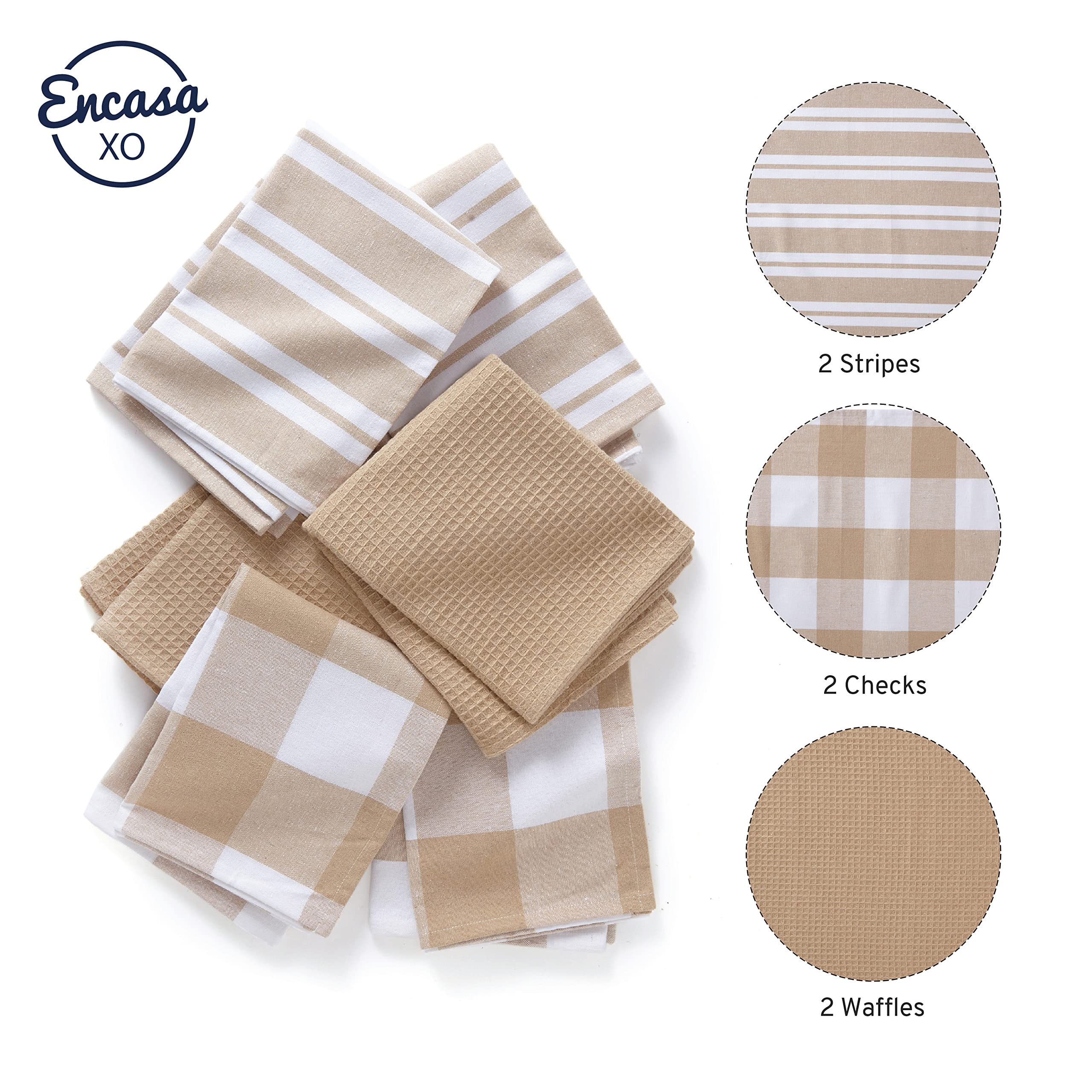 Encasa XO Kitchen Dish Towels Set of 6 | Beige Waffle Weave & Flat Hand Tea Towels | 28