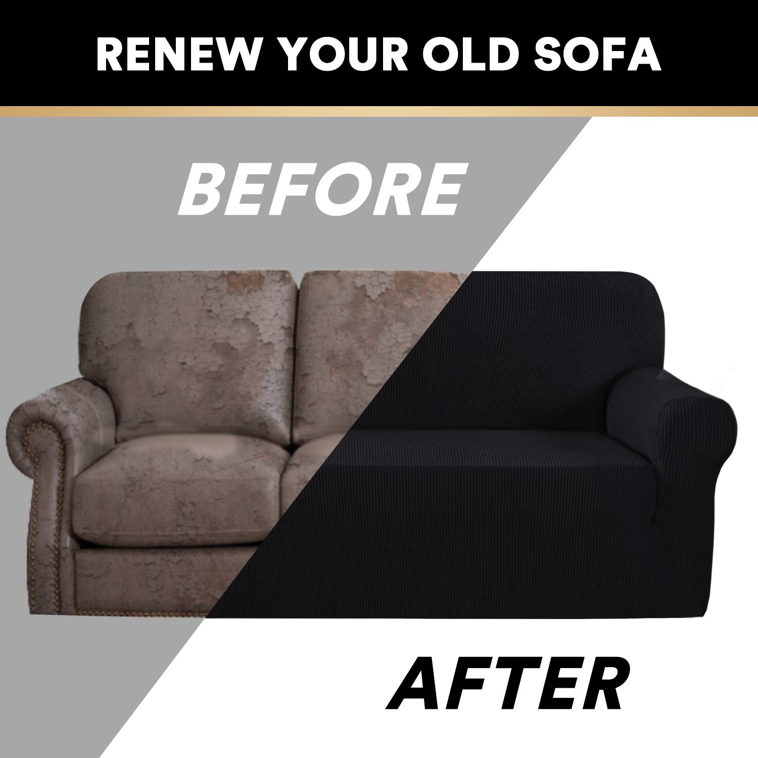 PrinceDeco Stretch Loveseat Sofa Cover - Washable 2-Cushion Slipcover with Non-Slip Bottom, Pet-Friendly Furniture Protector for Small Couches (Black) - Perfect for Living Rooms, Apartments & Pet Owners