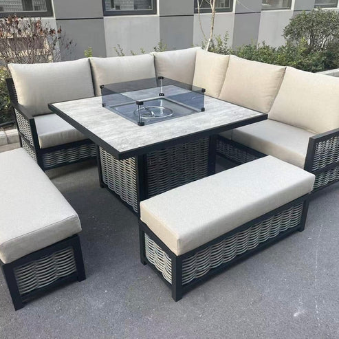 Luxury Beige Rattan L-Shaped Patio Set with Square Fire Pit Table - Outdoor Furniture for Garden, Backyard & Poolside Relaxation