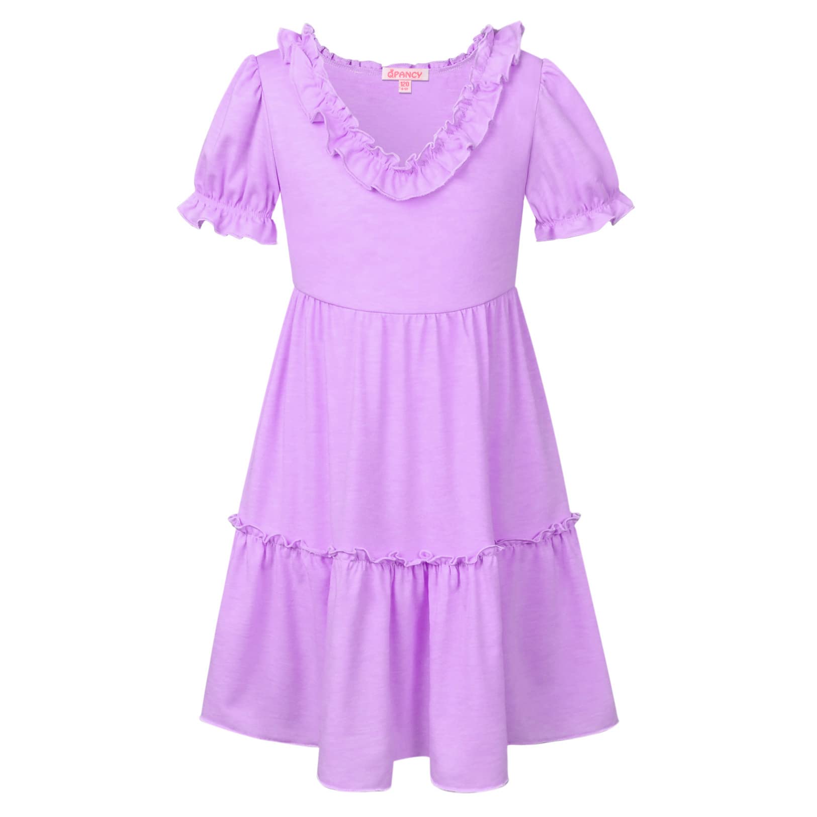 QPANCY Girls Short Puff Sleeve Summer Dress - V-Neck Ruffle Party Outfit for Kids | Perfect for Birthday, Tea Party & Special Occasions
