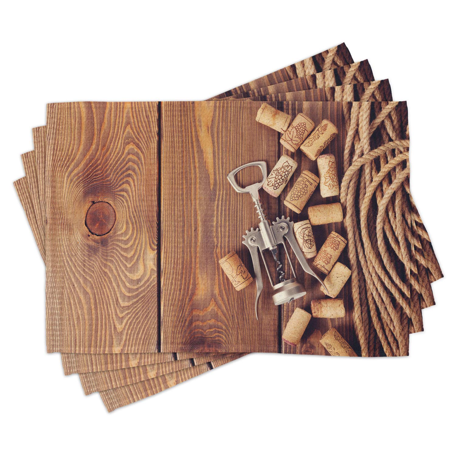 Ambesonne Winery Place Mats Set of 4 - Rustic Wooden Wine Cork Design, Natural Vintage Harvest Print, Washable Fabric Table Mats for Dining Room Decor - Perfect for Wine Tasting Parties & Farmhouse Style Home Decor