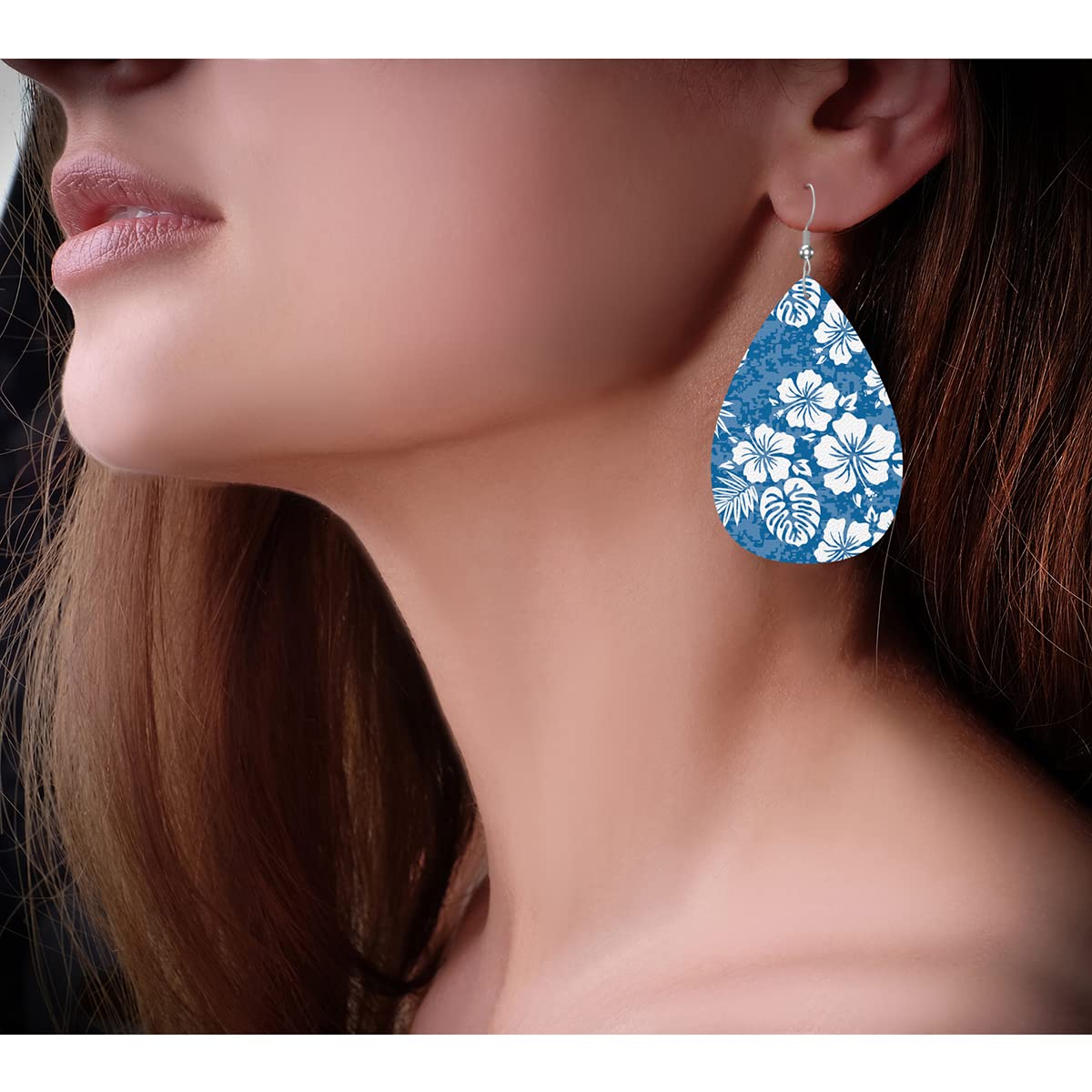 Zokola Tropical Hibiscus Flower Earrings for Women - Blue Camouflage Leather Dangle Earrings with Teardrop Design | Lightweight Double-Sided Hawaiian Style Jewelry | Perfect for Beach Vacations, Summer Parties & Boho Fashion