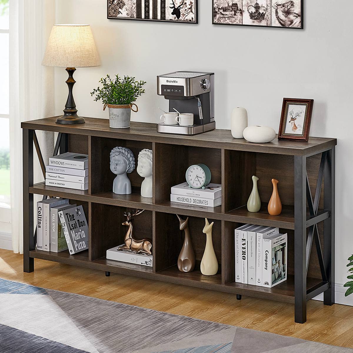 FATORRI 8-Cube Storage Organizer Bookshelf - Rustic Wood Bookcase with Industrial Design, 62-Inch Long Horizontal Shelf for Living Room, Bedroom, or Office (Walnut Brown) - Perfect for Organizing Books, Decor, and Storage Bins