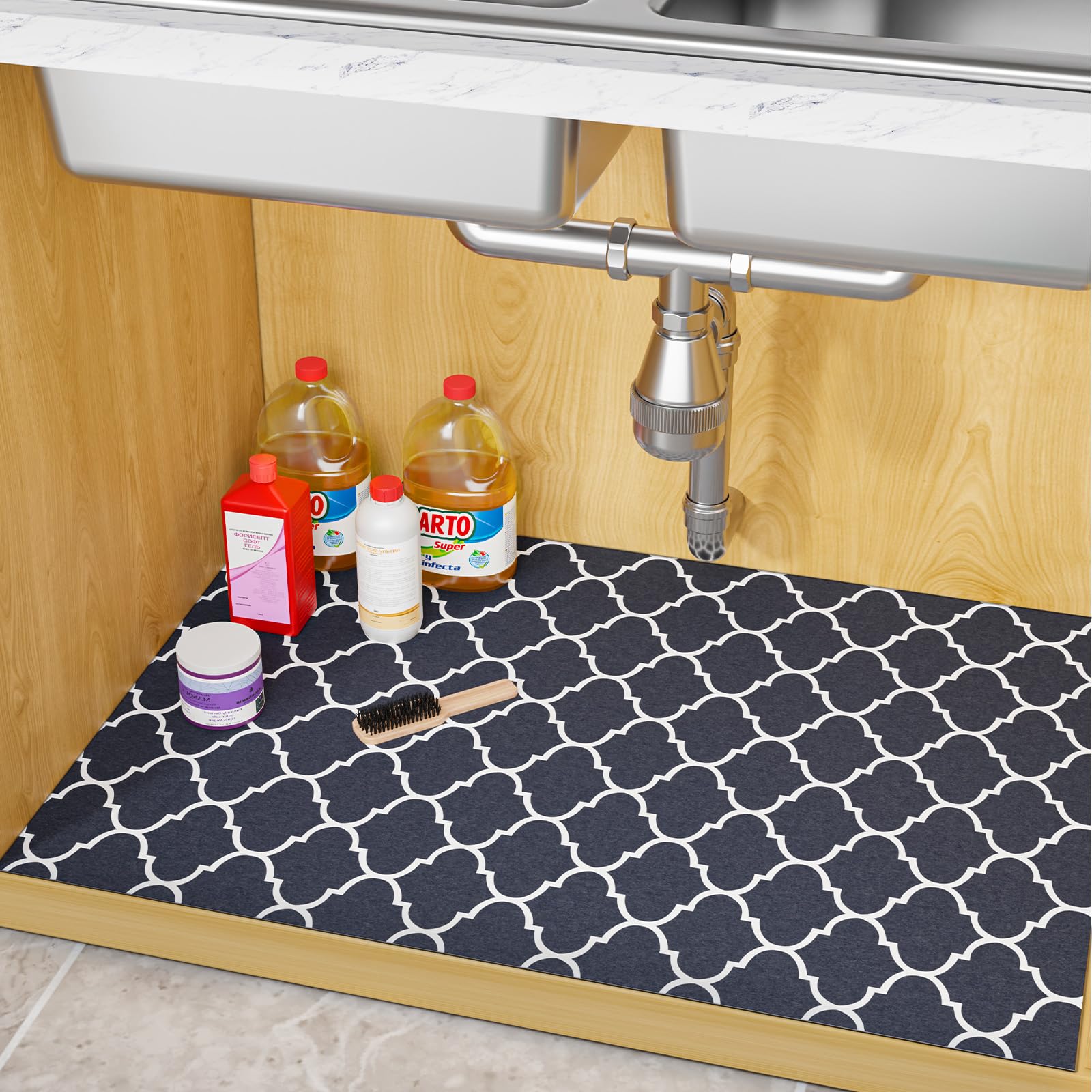 **Waterproof Under Sink Mat for Kitchen - Non-Slip, Absorbent, Quick Dry Sink Liner - Shelf Protector Tray (Dark Gray, 24