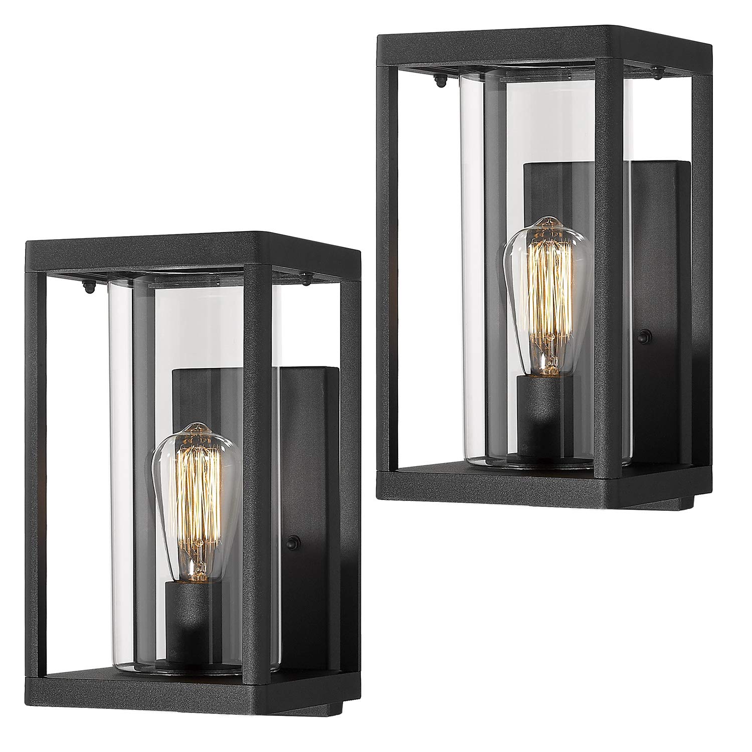 Beionxii Outdoor Wall Lights - Dusk to Dawn Sensor, Modern Exterior Wall Sconces for Porch & Patio, Black Cast Aluminum with Clear Cylinder Glass (2-Pack) - Perfect for Entryway, Garden & Backyard Lighting