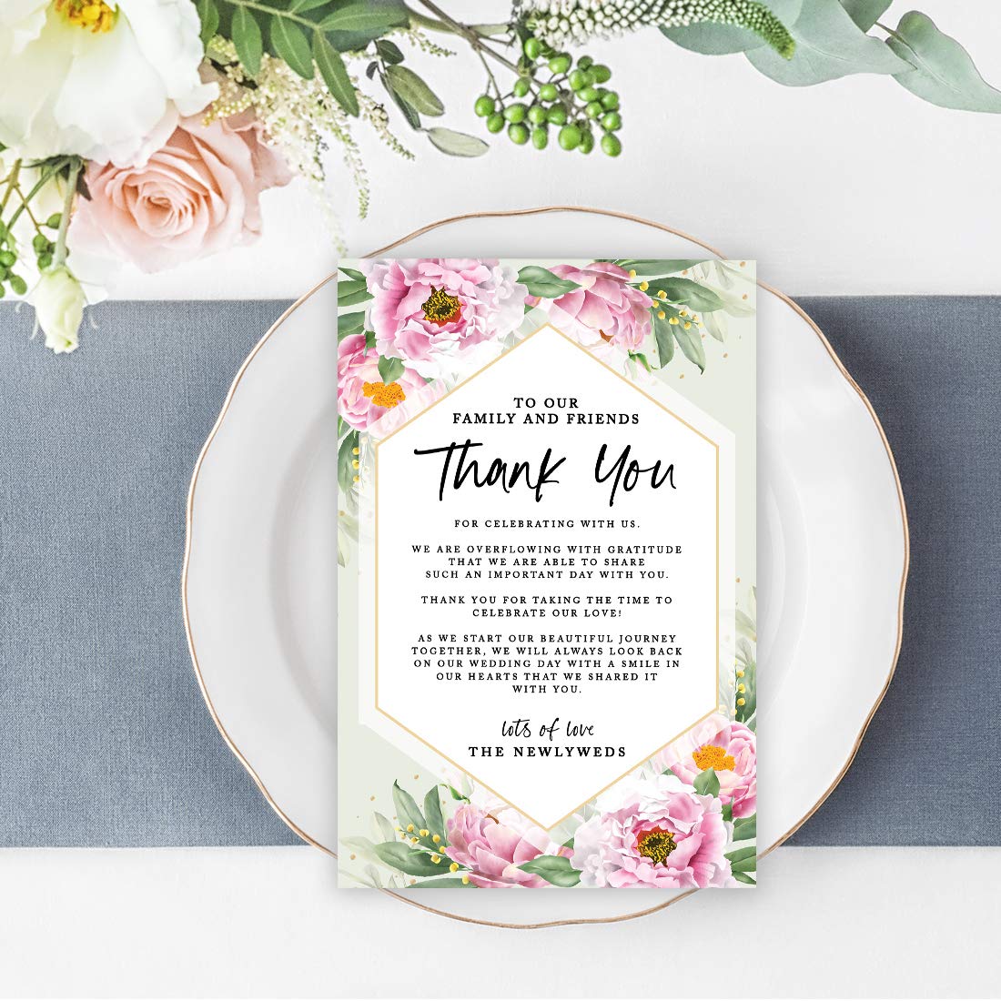 Elegant Peonies Wedding Thank You Cards - 56-Pack Classic Place Setting Cards for Wedding Reception, Dinner Plates & Table Decor (4 x 6 Inch) - Perfect for Guest Seating, Family & Friends - Ideal for Bridal Showers, Anniversary Parties & Formal Events