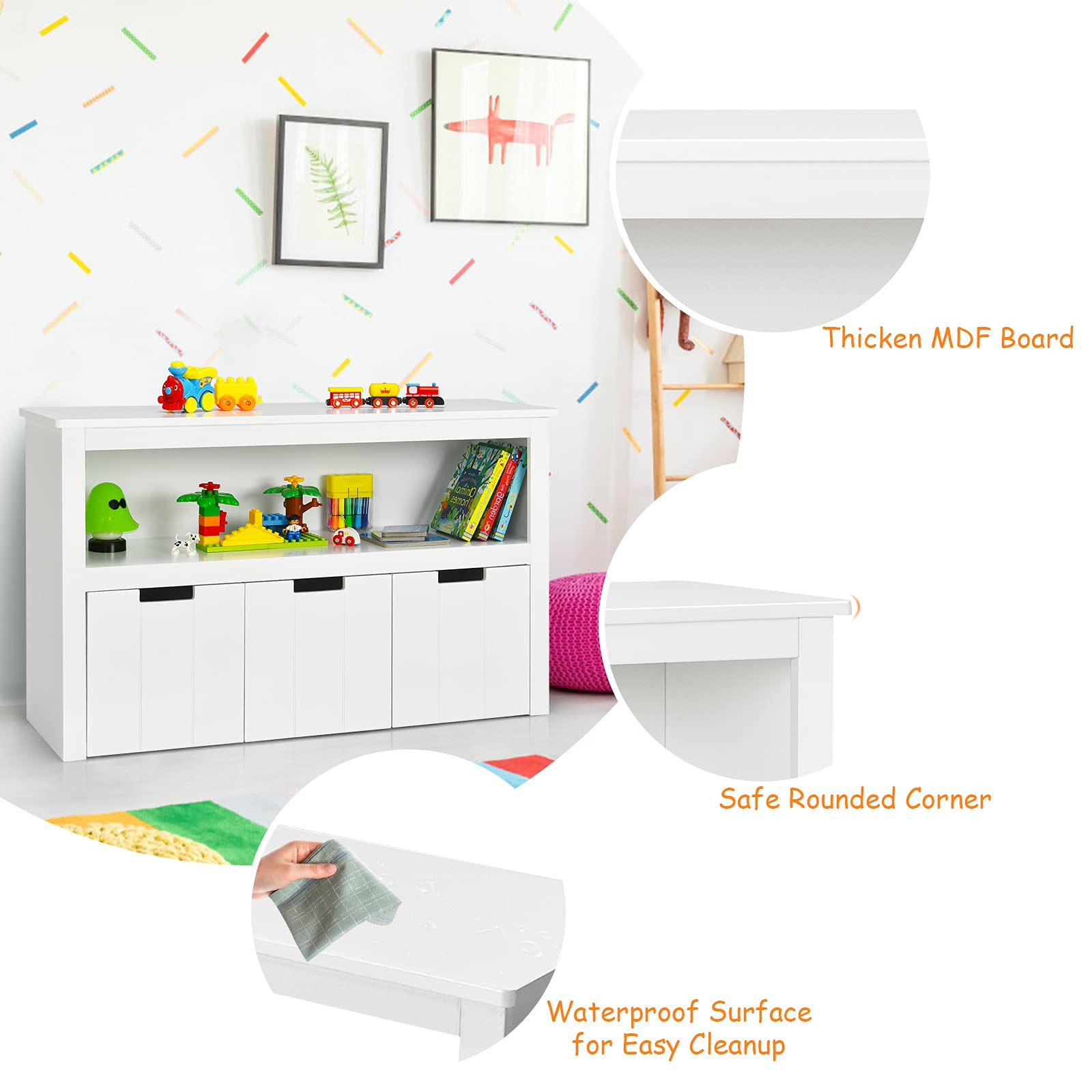 HONEY JOY Kids Toy Storage Organizer with Bins - 3-Tier Wooden Toy Box with Wheels, Daycare Shelf & Classroom Display Cabinet for Playroom, Nursery, Kindergarten - Perfect for Toy Organization, Daycare Centers & Home Play Areas