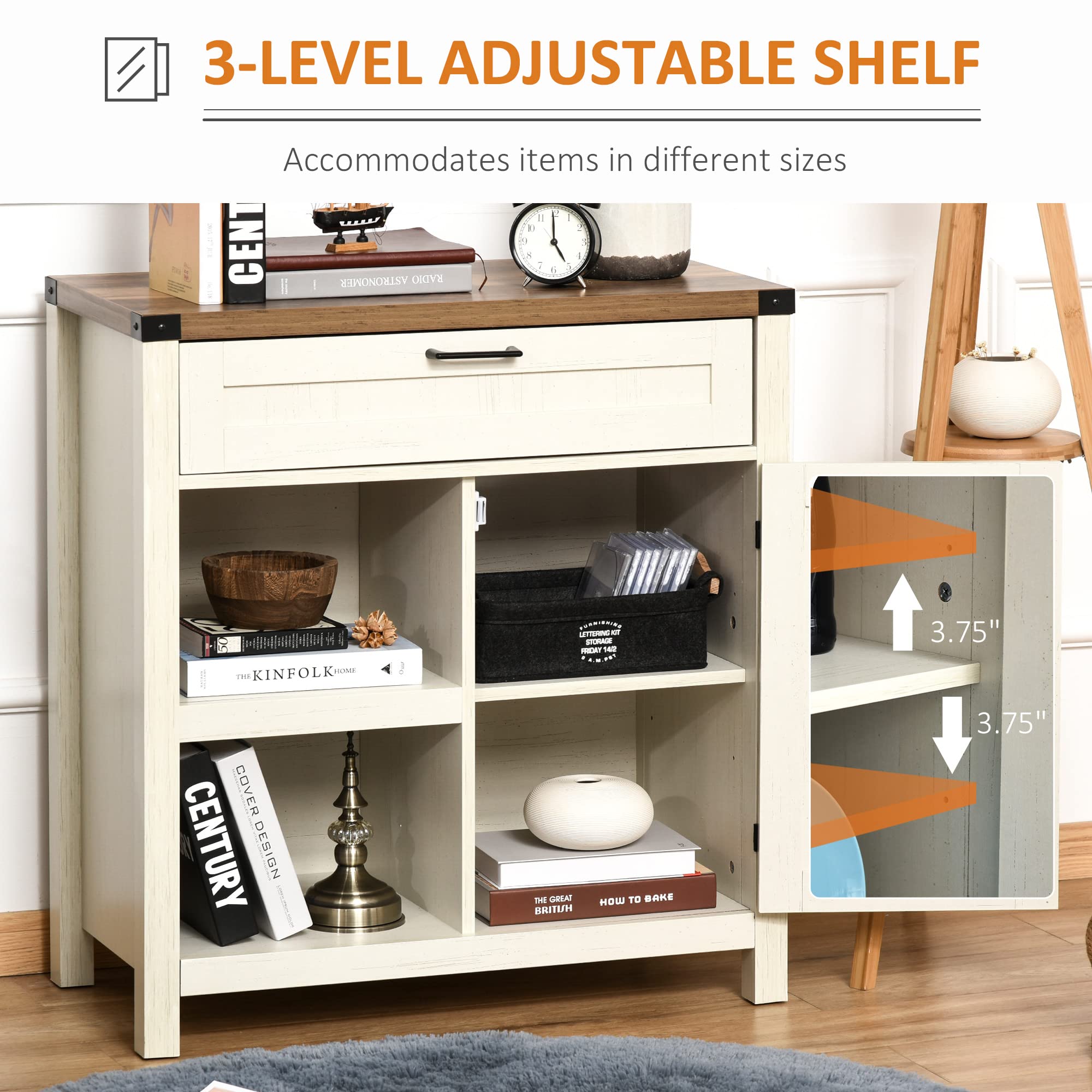 HOMCOM Farmhouse Sideboard Buffet Cabinet with Rustic Barn Doors - White Distressed Wood Kitchen Storage Cabinet for Dining Room, Living Room & Entryway - Perfect for Home Decor & Organizing Dishes, Linens & More