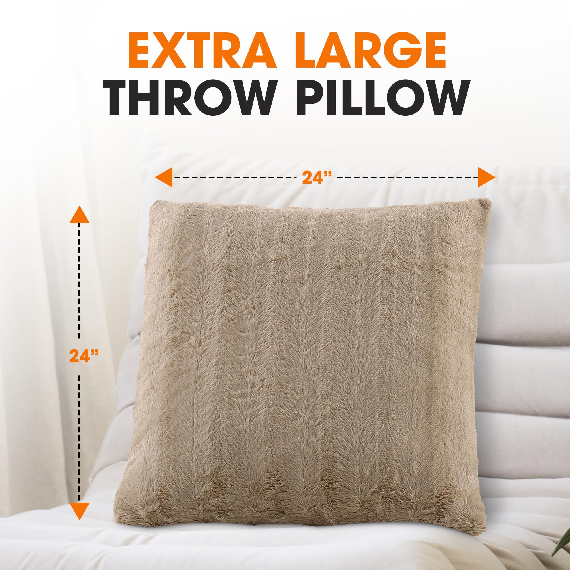 Cheer Collection Faux Fur Throw Pillows - Soft Decorative Couch & Bed Pillows, 24x24 Inch Sand Accent Pillow Set of 2 for Cozy Bedroom & Living Room Decor - Perfect for Reading Nooks, Sofa Styling & Home Aesthetics