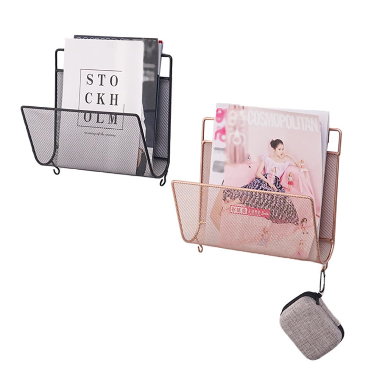 Nordic Style Wall Mounted Iron Mesh Magazine Rack with Hooks - Black Home Office Storage Shelf for Books, Albums & Organizing | Perfect for Living Room, Bedroom & Office Decor