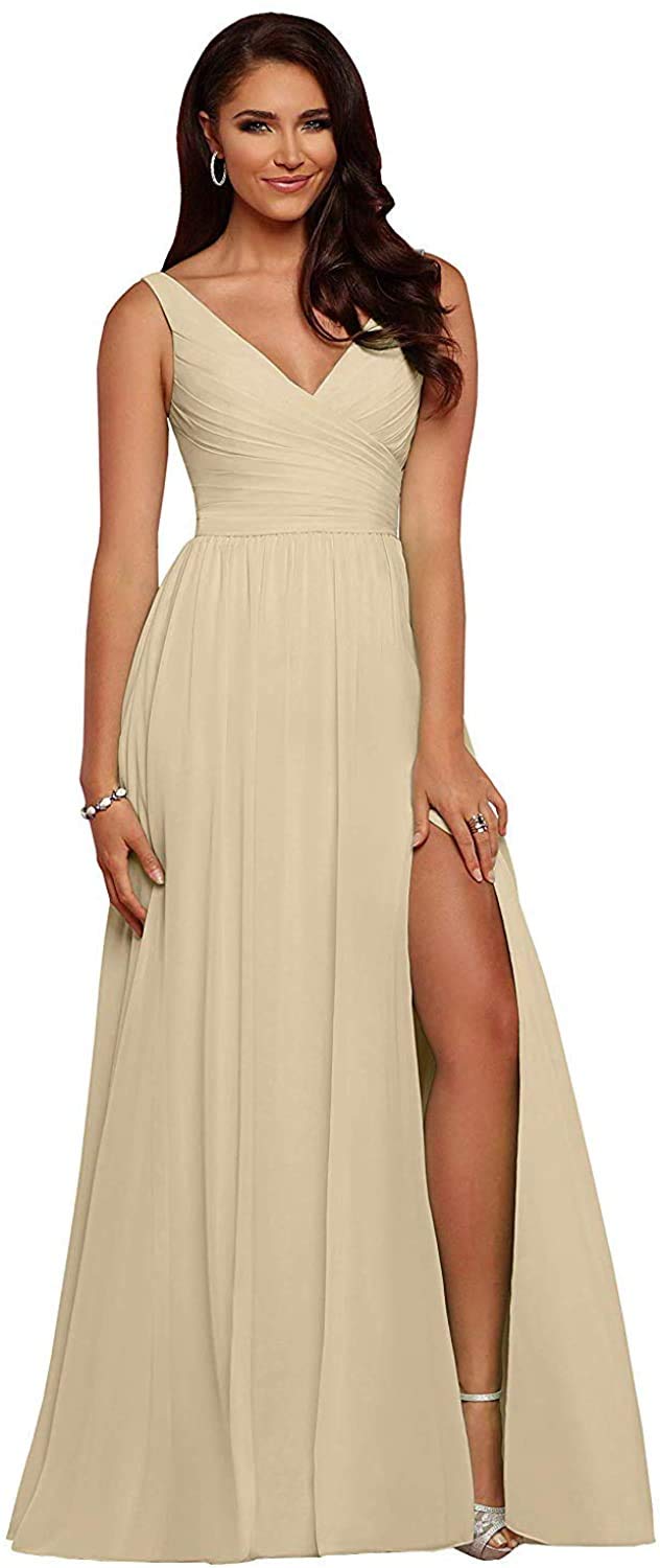Elegant Long Chiffon Bridesmaid Dress with V-Neck & High Slit - Backless Formal Gown for Weddings, Prom & Special Occasions - Perfect for Bridal Party, Evening Events & Cocktail Receptions