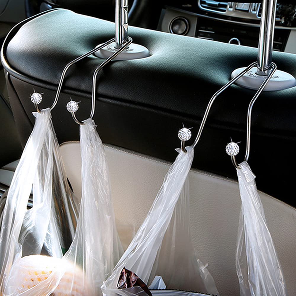 4 Pack Bling Diamond Car Hooks - Universal Headrest Hangers for Purse, Bag & Handbag Organizer | Perfect for Car Seat Storage, Mask Holder & Everyday Essentials Organization