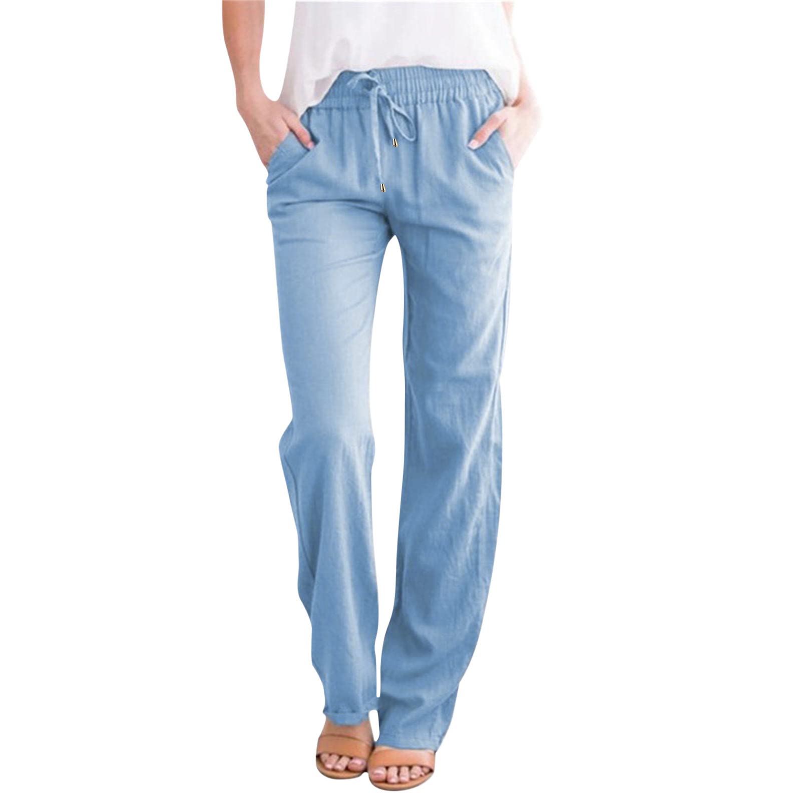 Women's Wide Leg Linen Pants - High Waisted Business Casual Trousers with Drawstring & Elastic Waist - Perfect for Office Work, Travel & Summer Outfits