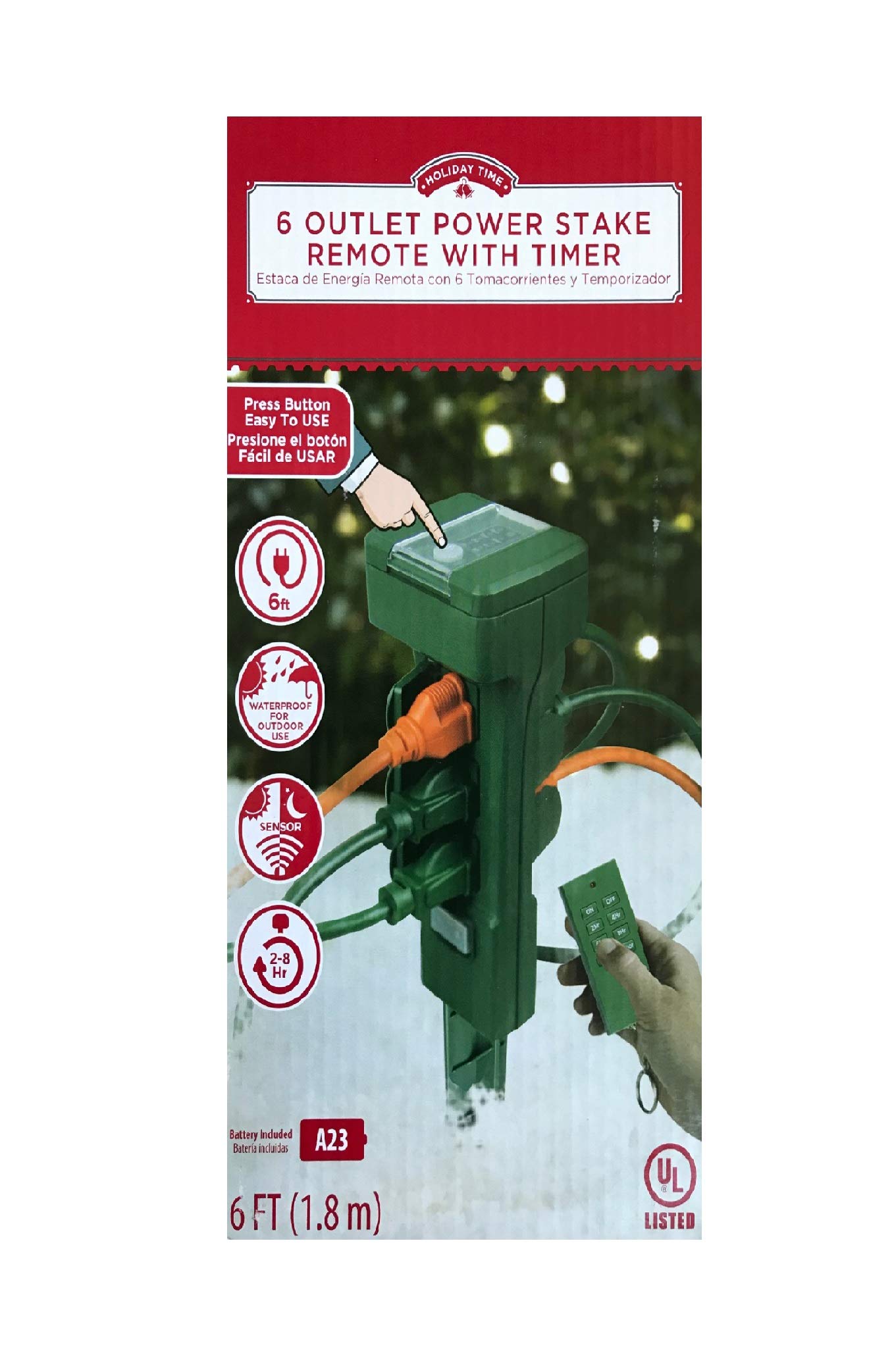 Holiday Time 6-Outlet Outdoor Power Stake with Remote Control and Timer - Perfect for Christmas Lights, Halloween Decorations & Garden Lighting
