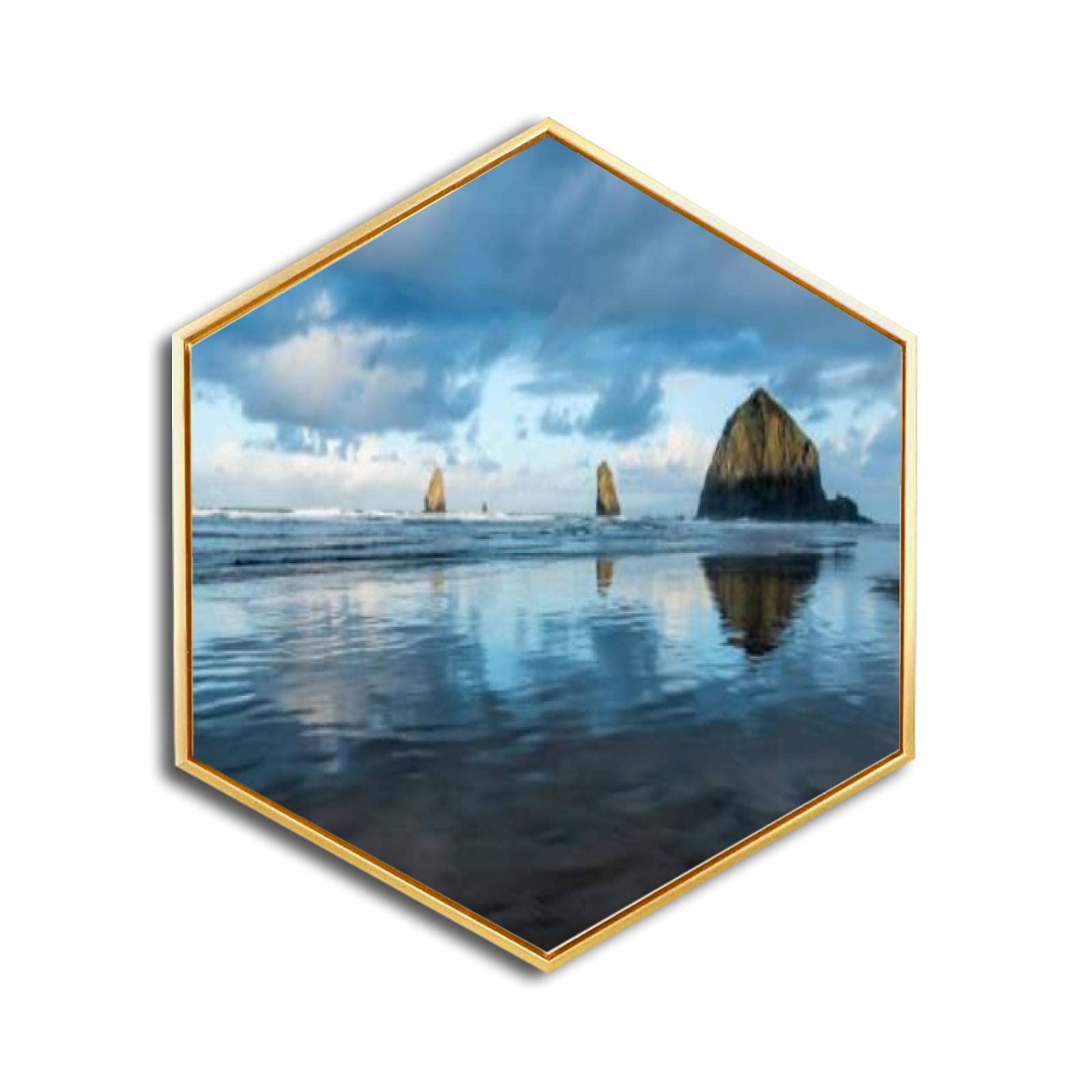 Minimalist Modern Canvas Wall Art - Cannon Beach Blue Reflections with Haystack & Needles, Golden Framed Giclee Print - Ready to Hang Hexagon Decor for Home & Office | Coastal Theme Living Room & Bedroom Wall Decor