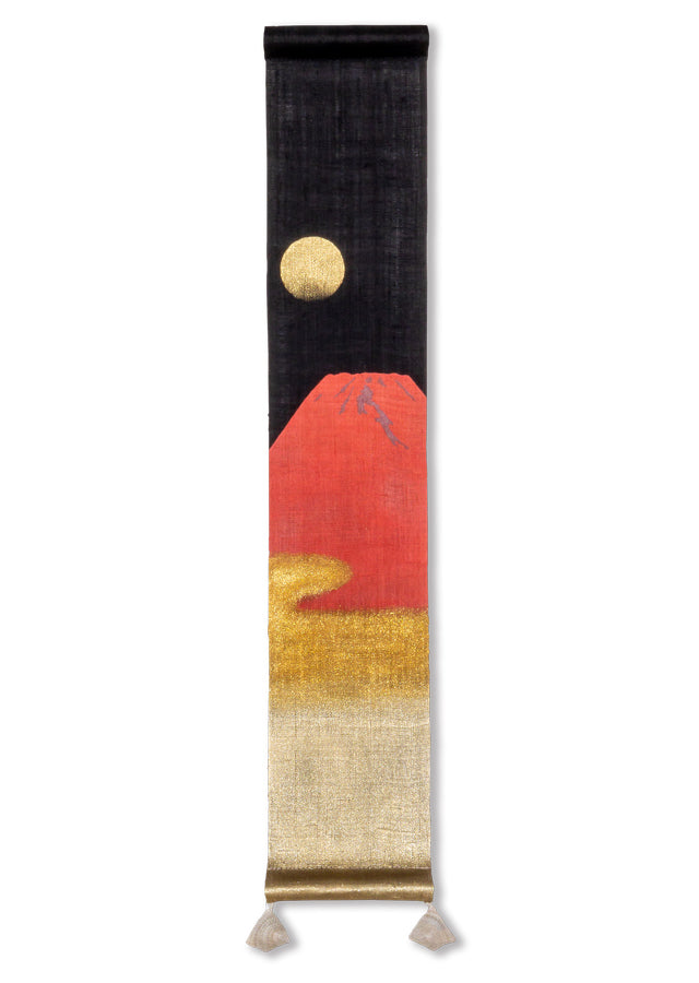 Handmade Red Fuji Japanese Linen Tapestry - Kyoto Noren Wall Hanging Scroll for Home Decor, Traditional Asian Room Aesthetic & Zen Meditation Space