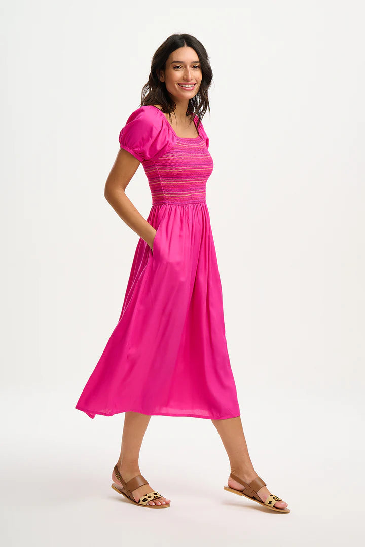 Octavia Midi Shirred Dress - Dark Pink Rainbow Shirring | Flowy Summer Dress for Women | Perfect for Beach Vacations, Date Nights & Brunch Outings