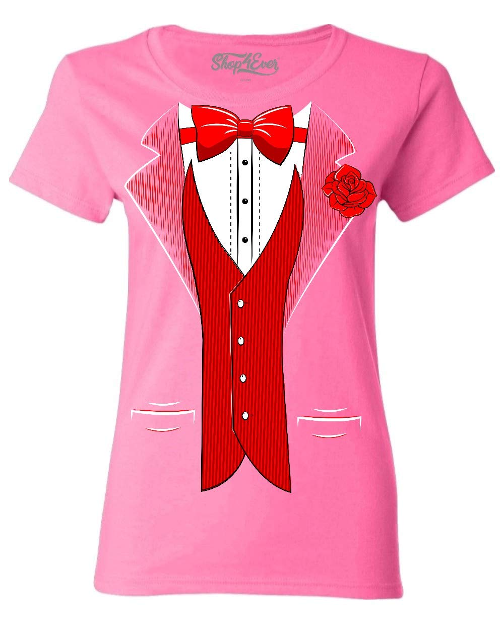 Classic Tuxedo with Red Rose Print Women's T-Shirt - Elegant Casual Top for Date Night, Girls Night Out & Everyday Wear