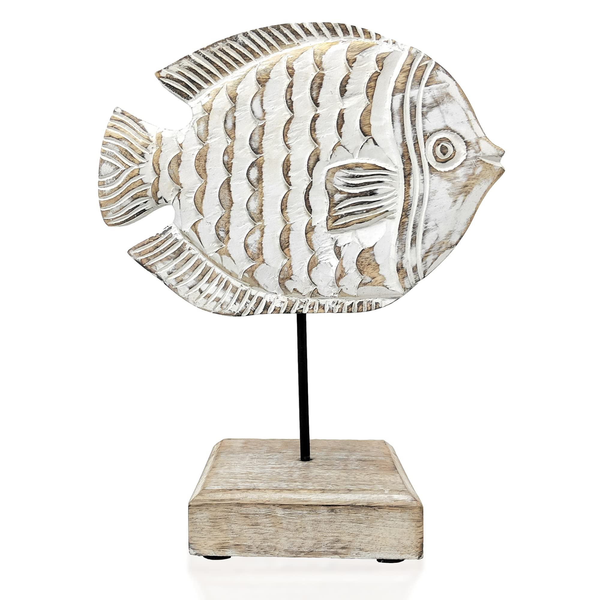 Handmade Wooden Angel Fish Sculpture with Base Stand - Whitewashed Rustic Home Decor for Beach House, Office & Living Room | Nautical Centerpiece for Table, Shelf & Mantel Decorations | Perfect Gift for Sea Lovers & Coastal Interior Design