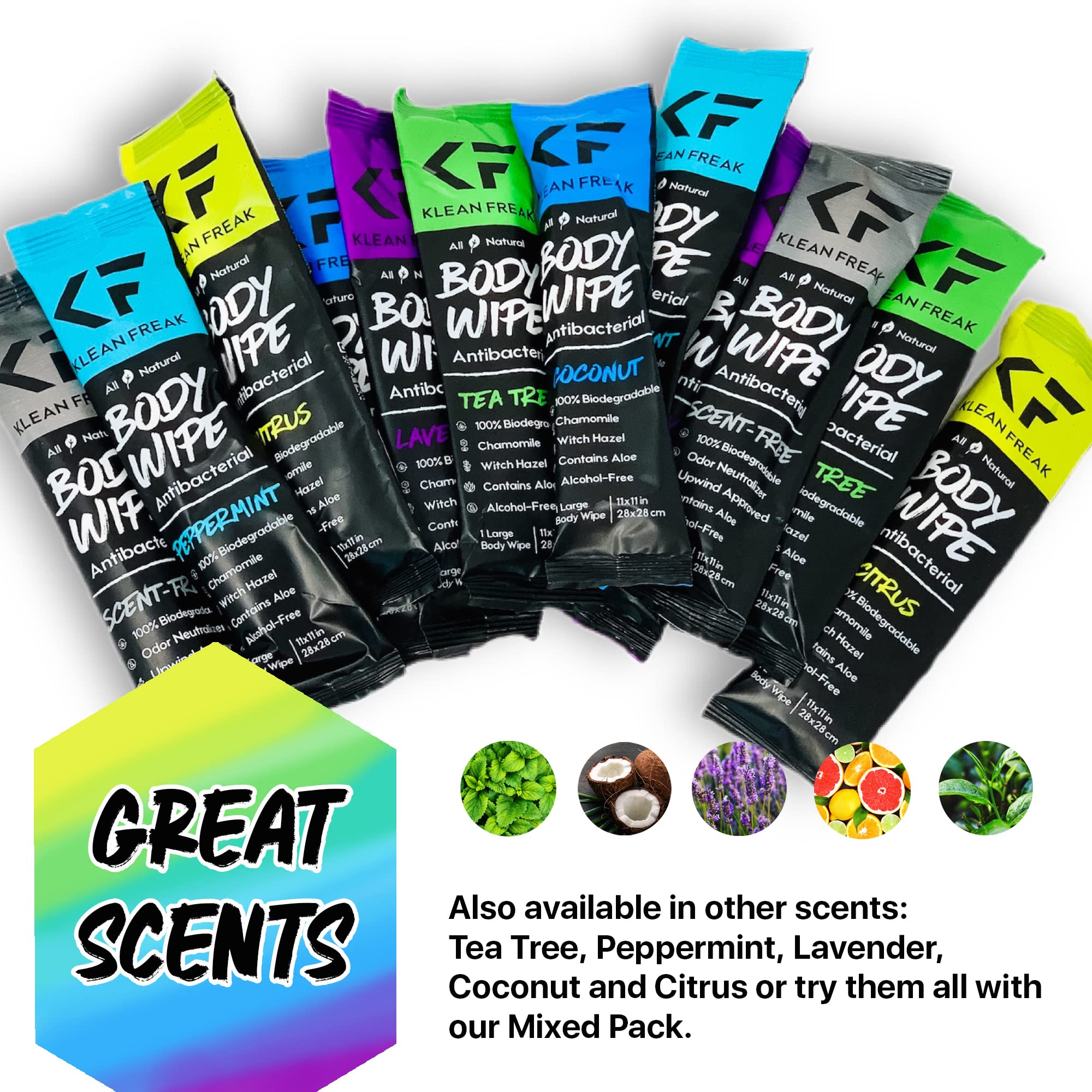 Klean Freak Body Wipes - 12 Pack Mixed Scent Refreshing Cleansing Wipes for Gym, Travel, Camping & On-the-Go Hygiene