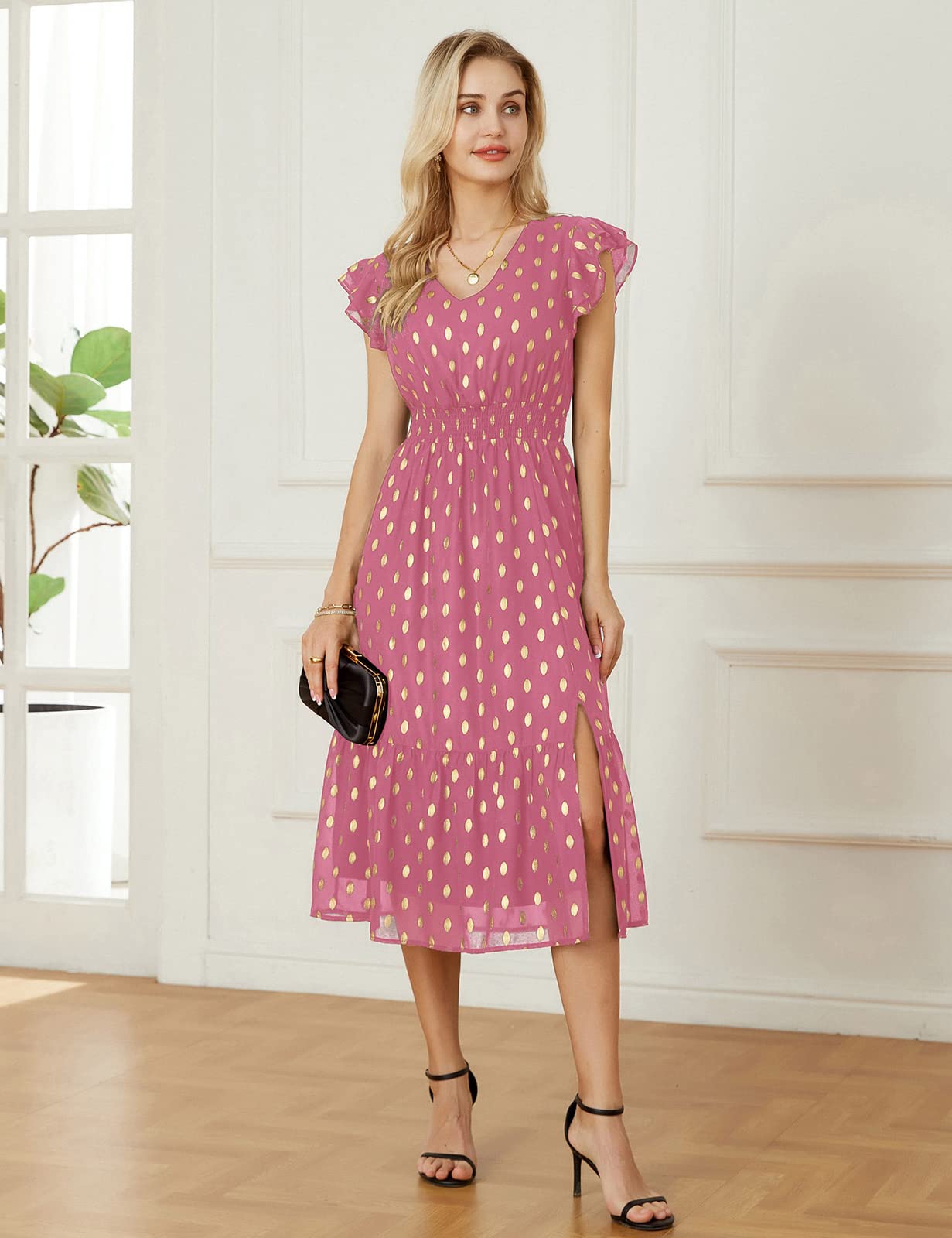 GRACE KARIN Women's V-Neck Ruffle Sleeve Summer Dress 2025 | Split Flowy Tiered Midi Dress for Wedding Guest & Cocktail Parties | Beach Vacation, Date Night, Office Wear