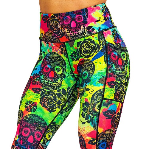 Trendy Tie Dye Skull Print Leggings for Women - Gothic Fashion, Yoga Pants, Halloween Costume & Festival Outfits