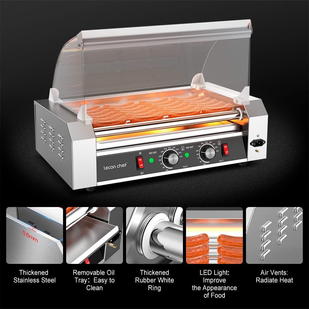 Leconchef Commercial Electric Hot Dog Roller Machine - 7 Roller Stainless Steel Grill with Dual Temperature Control, Detachable Glass Cover & LED Display - Perfect for Restaurants, Food Trucks, and Convenience Stores