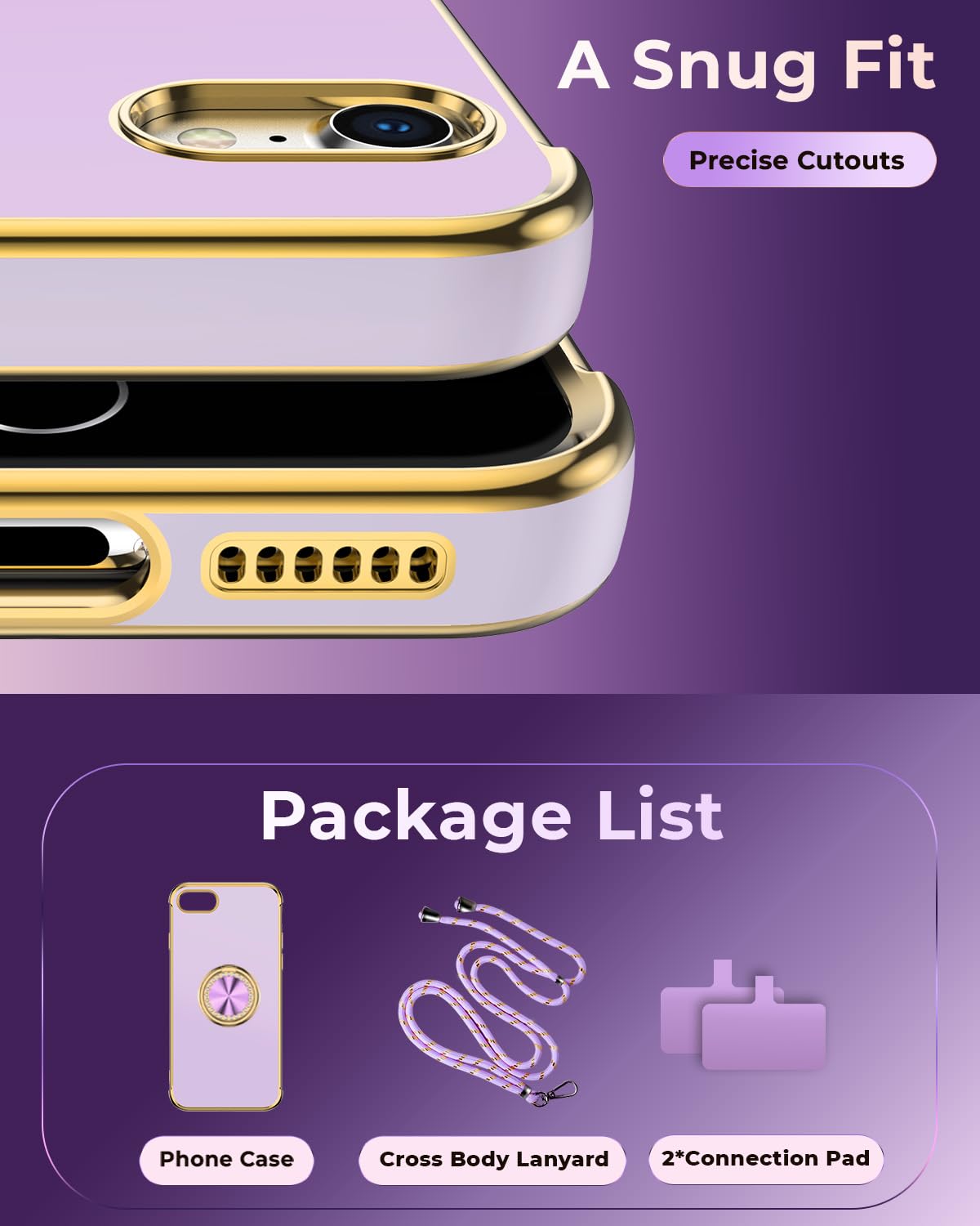 Premium Luxury Electroplated iPhone SE 3/SE 2020/8/7 Case with Ring Holder Stand & Lanyard - Shockproof Soft Protective Cover for Women & Girls (Purple) - Perfect for Daily Use, Travel, and Hands-Free Convenience