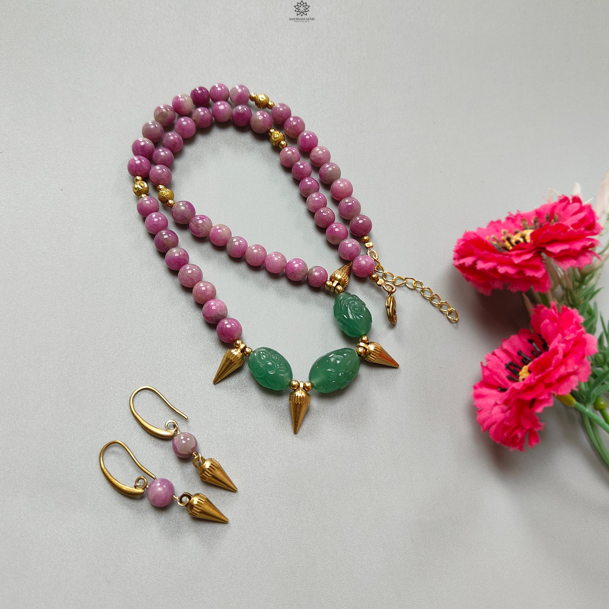 Bi-Color Ruby & Zoisite Jewelry Set - 285.90cts Natural Untreated Ruby Earrings & Necklace, 8mm Mystique Jade Round Brass Jewelry for Women | Perfect for Weddings, Parties & Special Occasions