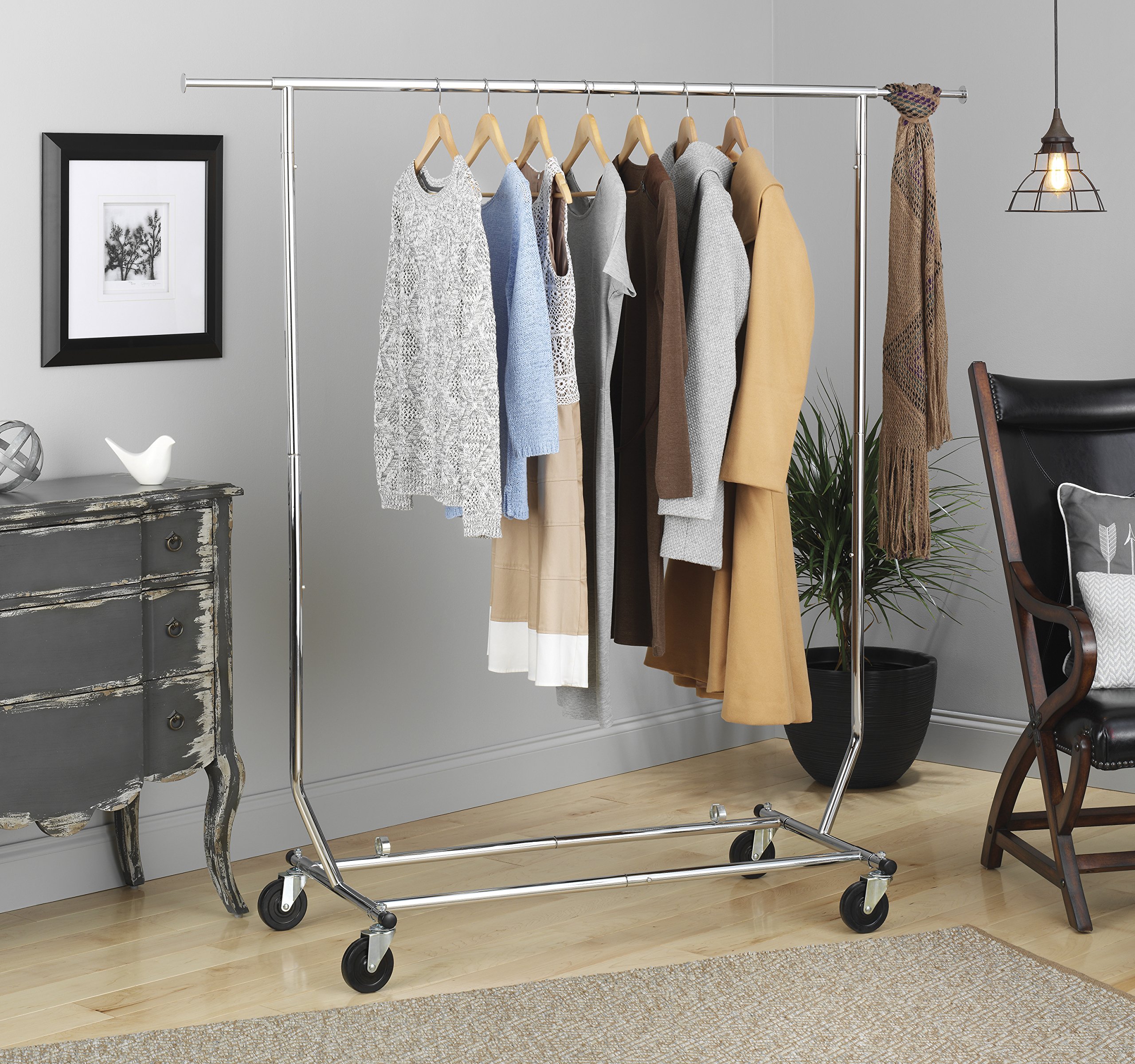 Whitmor Adjustable Rolling Garment Rack - Collapsible Chrome Clothes Hanging Organizer for Closet, Laundry Room & Bedroom Storage