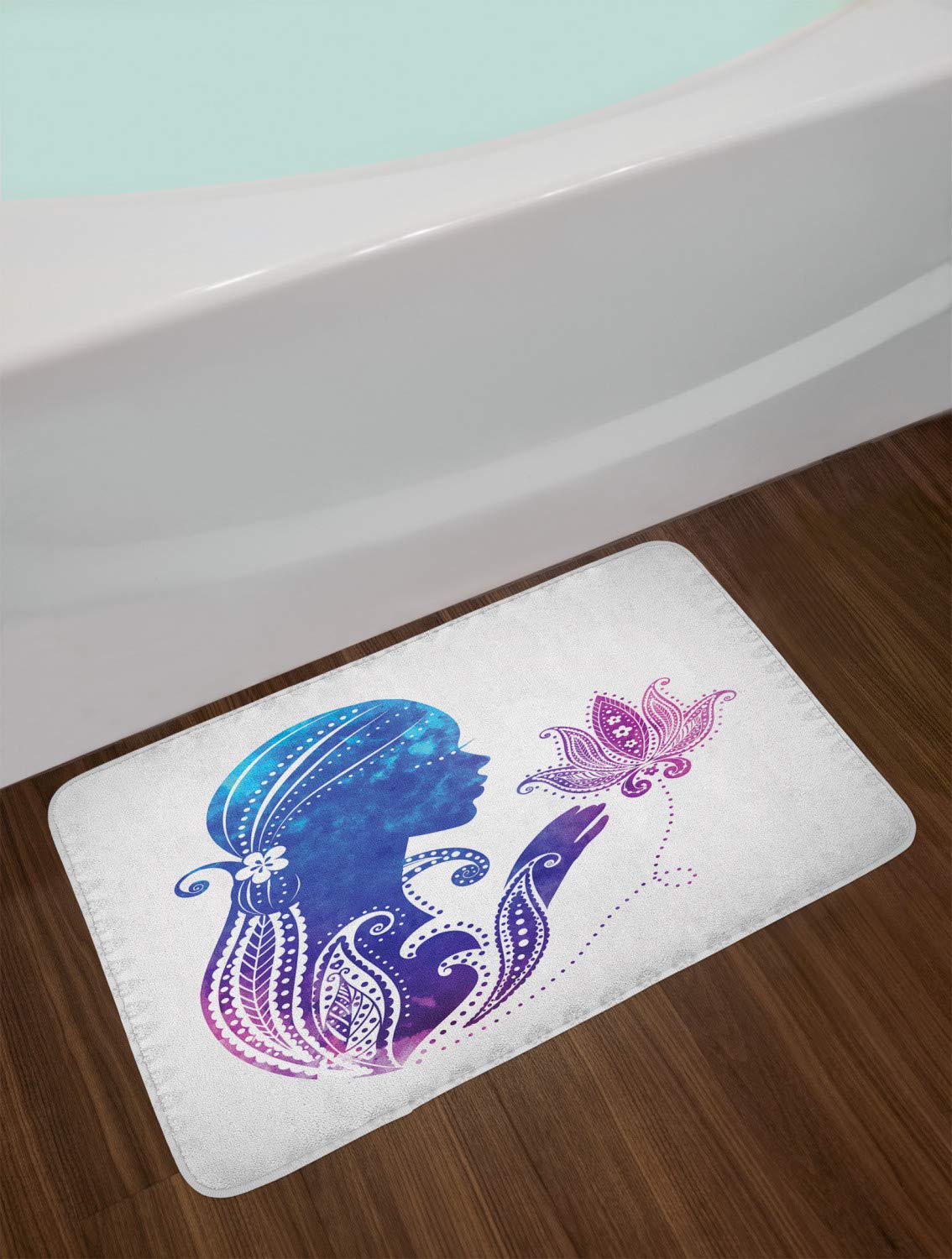 Ambesonne Floral Feminine Bath Mat - Non-Slip Plush Bathroom Rug with Girl Silhouette & Flower Hair Design, 30.2 x 20 Inches, Purple Blue - Perfect for Spa, Master Bath & Guest Room Decor