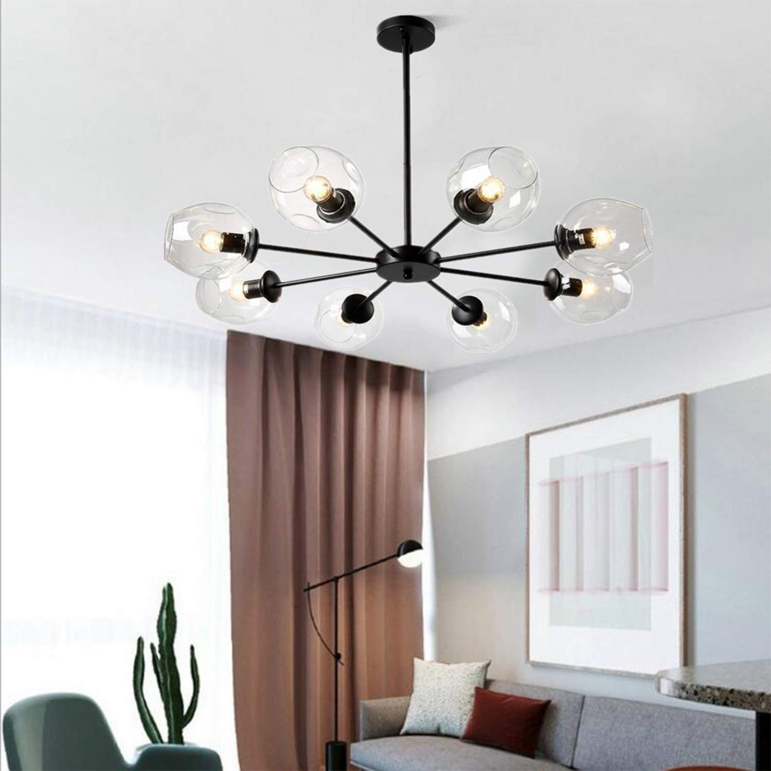 Modern 8-Light Black Glass Chandelier with Clear Lampshades - E26 Ceiling Pendant Lighting Fixture for Living Room, Dining Room & Bedroom Decor (Black Metal Frame + Crystal Glass Shades) - Perfect for Home, Restaurant and Hotel Lighting