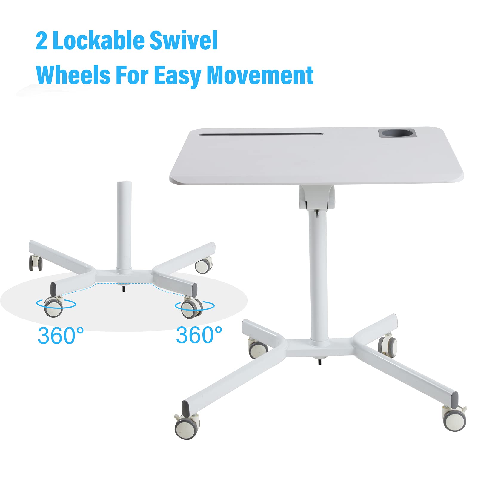 Adjustable Mobile Sit Stand Desk with Wheels - White Height Adjustable Rolling Laptop Workstation with Gas Spring Riser for Home Office, Classroom & Dorm | Portable Standing Desk for Work, Study & Video Calls