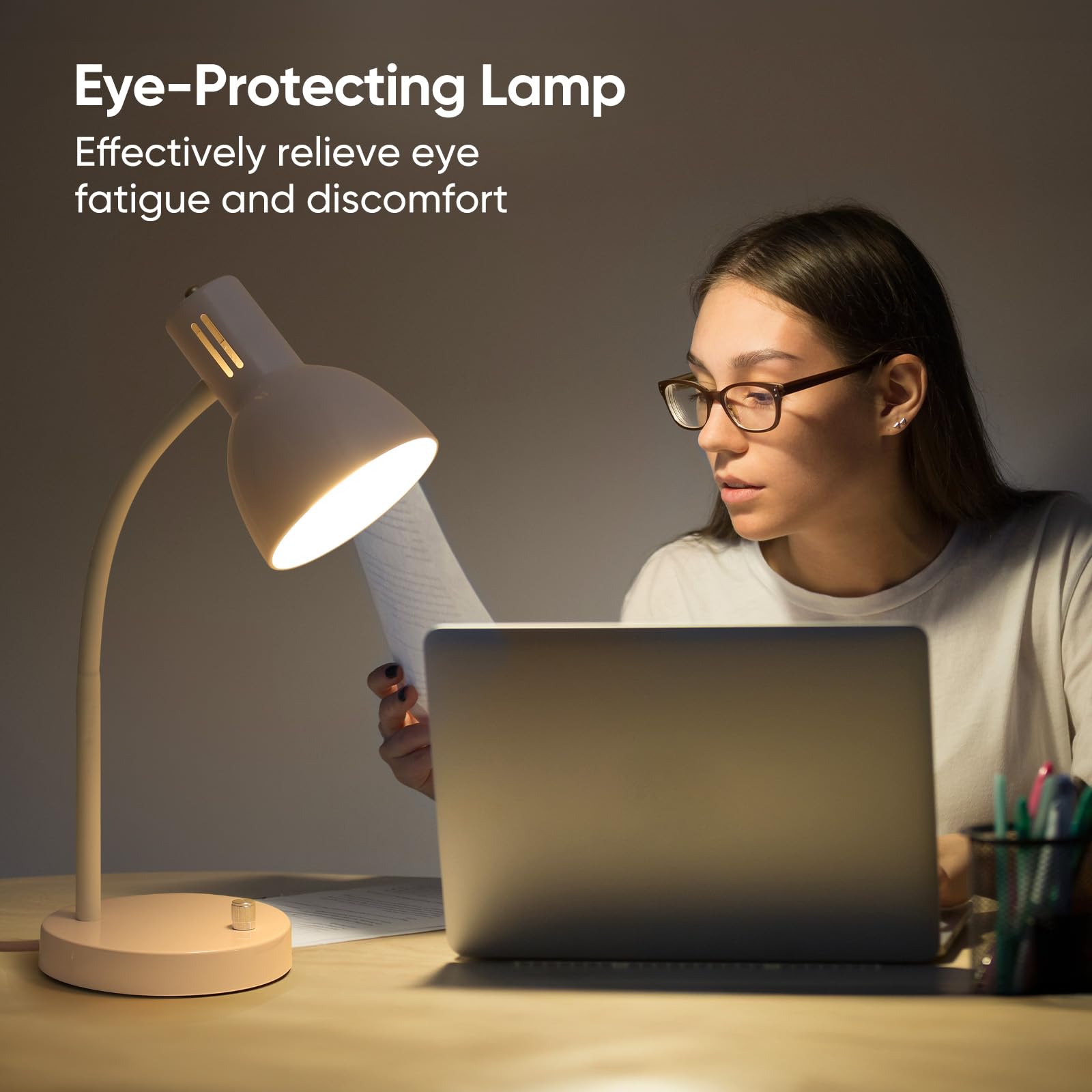 Energy-Saving LED Desk Lamp for Home Office & Study - Adjustable Brightness, Flexible Gooseneck, E26 Base - Perfect for Dorm Room, Bedside Table & Workspace (White) - Ideal for Reading, Working & Night Light Use