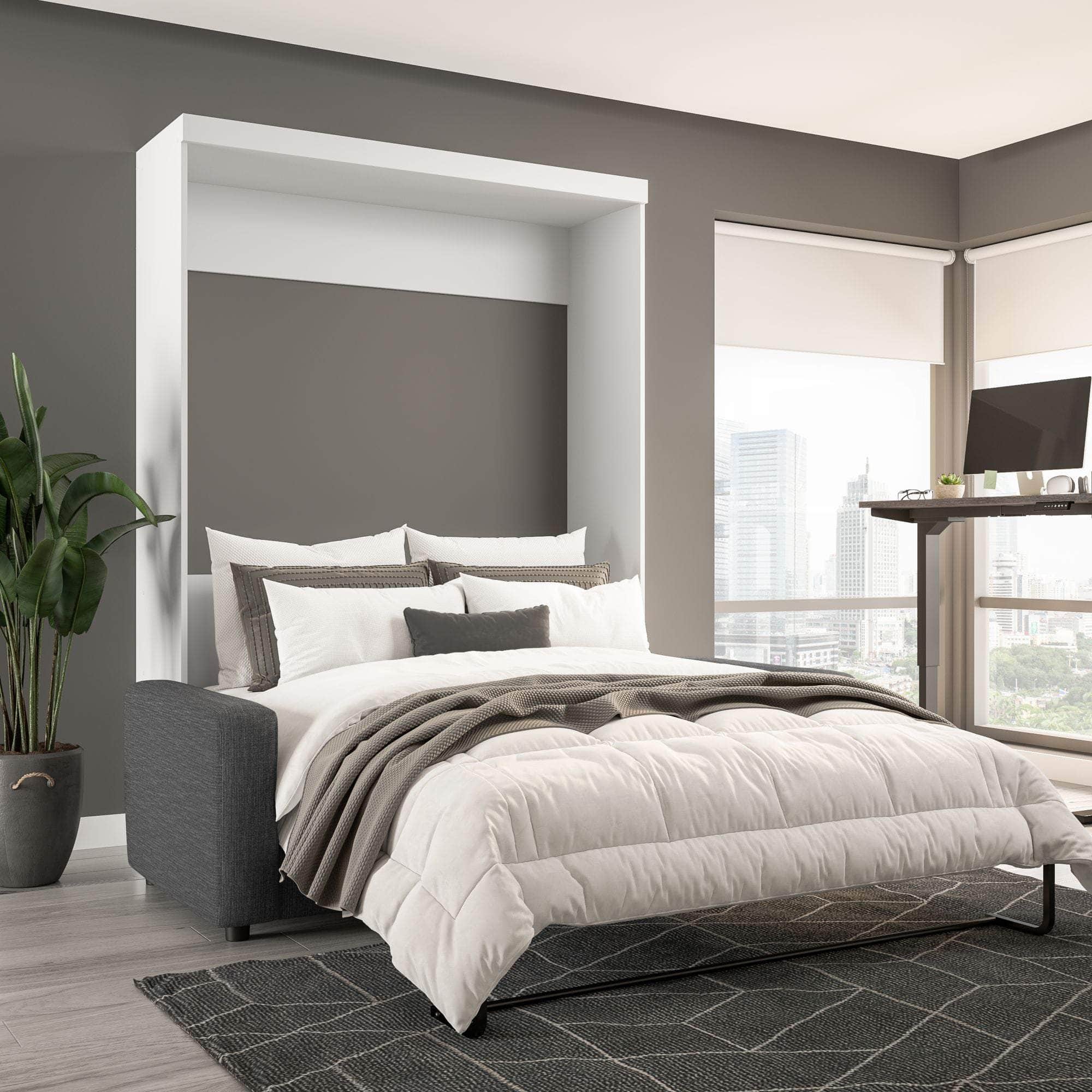 Queen Murphy Wall Bed with Sofa in White - Space-Saving Foldable Bed for Small Apartments, Guest Rooms & Home Offices