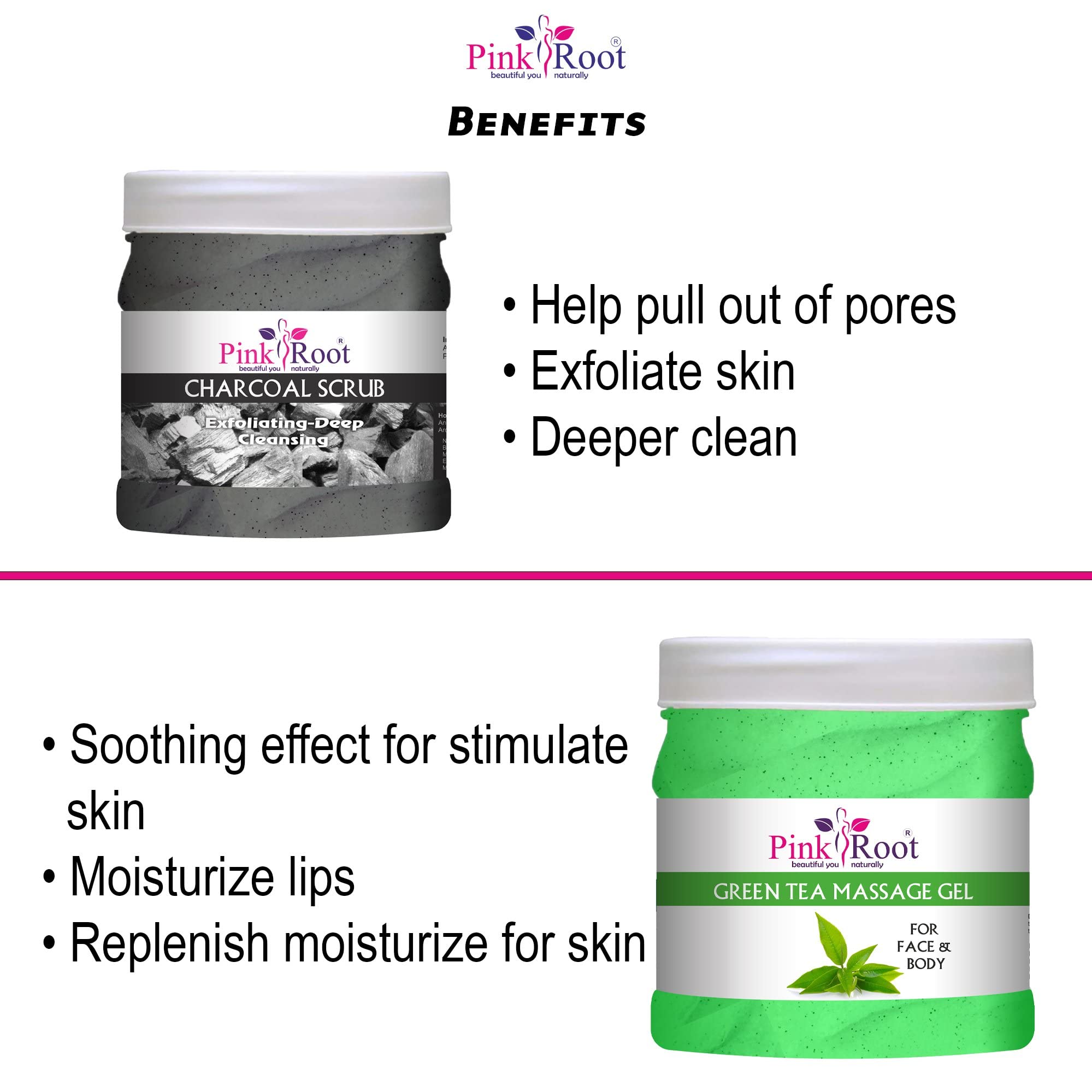 Pink Root Green Tea Massage Gel & Charcoal Scrub Set - 500ml Each for Relaxation & Deep Cleansing | Perfect for Spa Day & Skincare Routine