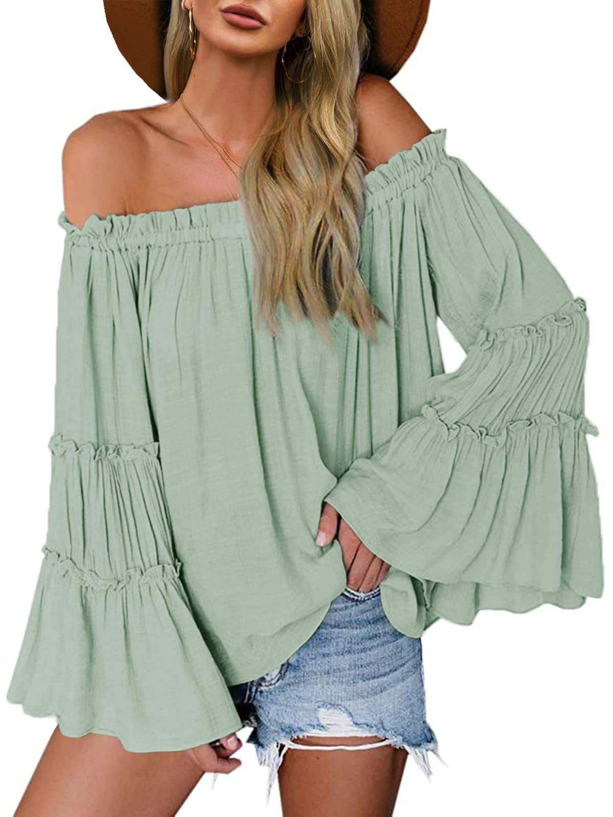 Women's Off-The-Shoulder Long Bell Sleeve Blouse - Flowy Casual Loose Top for Summer, Beach, Party & Date Night Outfits | Boho Chic Fashion