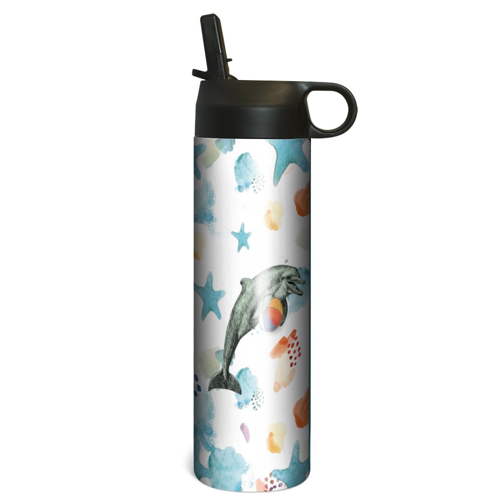 Eco-Friendly Boho Dolphin Vacuum-Insulated Stainless Steel Tumbler with Straw - 17oz Leakproof Travel Mug for Coffee, Tea & Cold Drinks - Perfect for Office, Gym, Hiking & Outdoor Activities