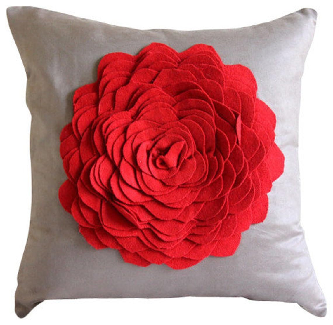 3D Red Felt Rose Pillow Cover 20x20