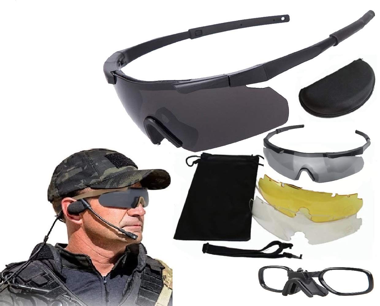 GALAXYLENSE ICE Tactical Combat Glasses for Men - Polarized Shooting & Hunting Glasses with 3 Interchangeable Lenses - UV Protection for Outdoor Sports, Military, and Airsoft Activities