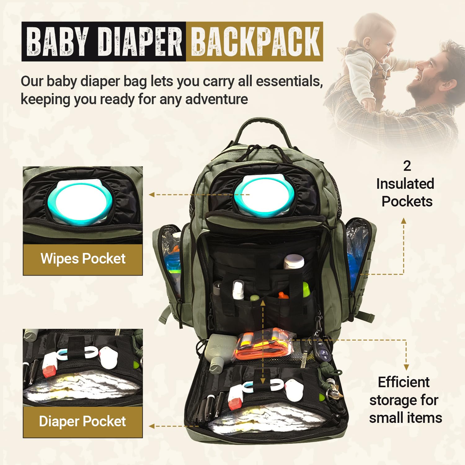 HighSpeedDaddy Military-Grade Waterproof Baby Diaper Backpack - Compact Travel Diaper Bag with Stroller Straps & Tablet Sleeve - Perfect for Parenting On-The-Go, Daycare Trips & Family Travel