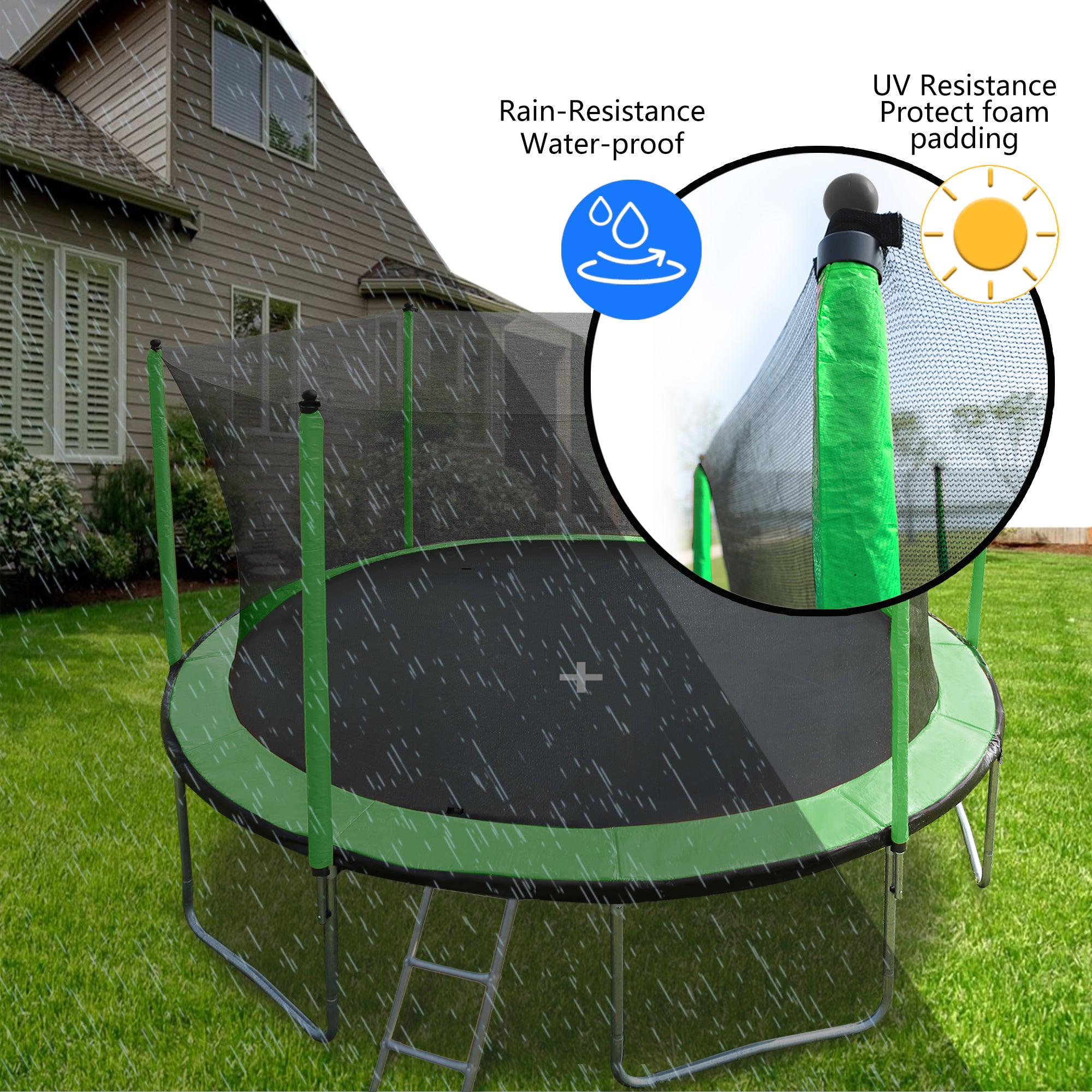 15FT Trampoline with Basketball Hoop, Air Pump & Safety Ladder - Heavy Duty Outdoor Bounce Mat with Enclosure Net for Kids & Adults - Perfect for Backyard Fun, Exercise & Family Activities (Green)