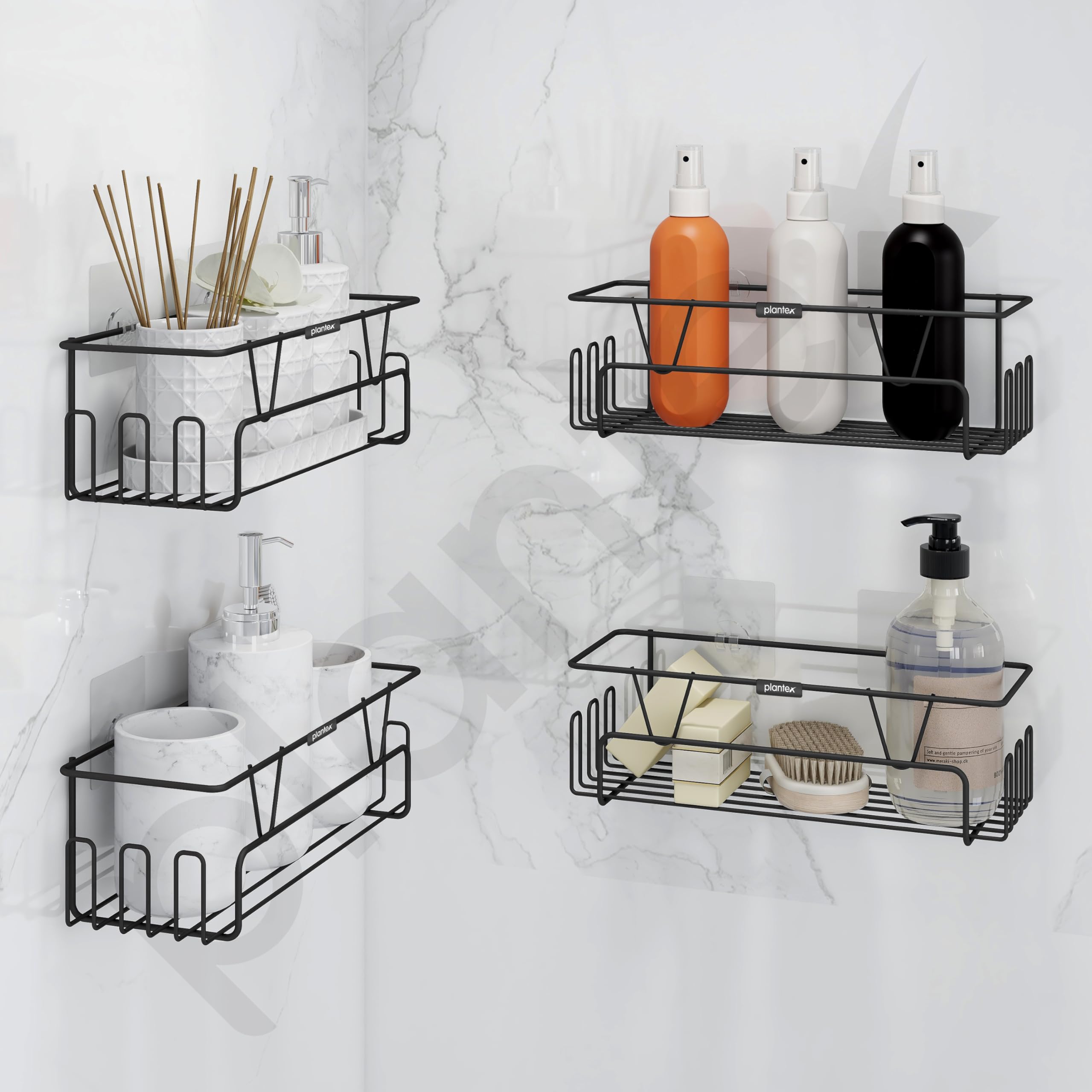 Plantex GI Steel Bathroom Shelf with Self-Adhesive Mounting, No Drilling Needed - Includes Side Hooks & Magic Stickers, Powder Coated Black (4-Pack) - Perfect for Small Bathrooms, Showers & Apartments