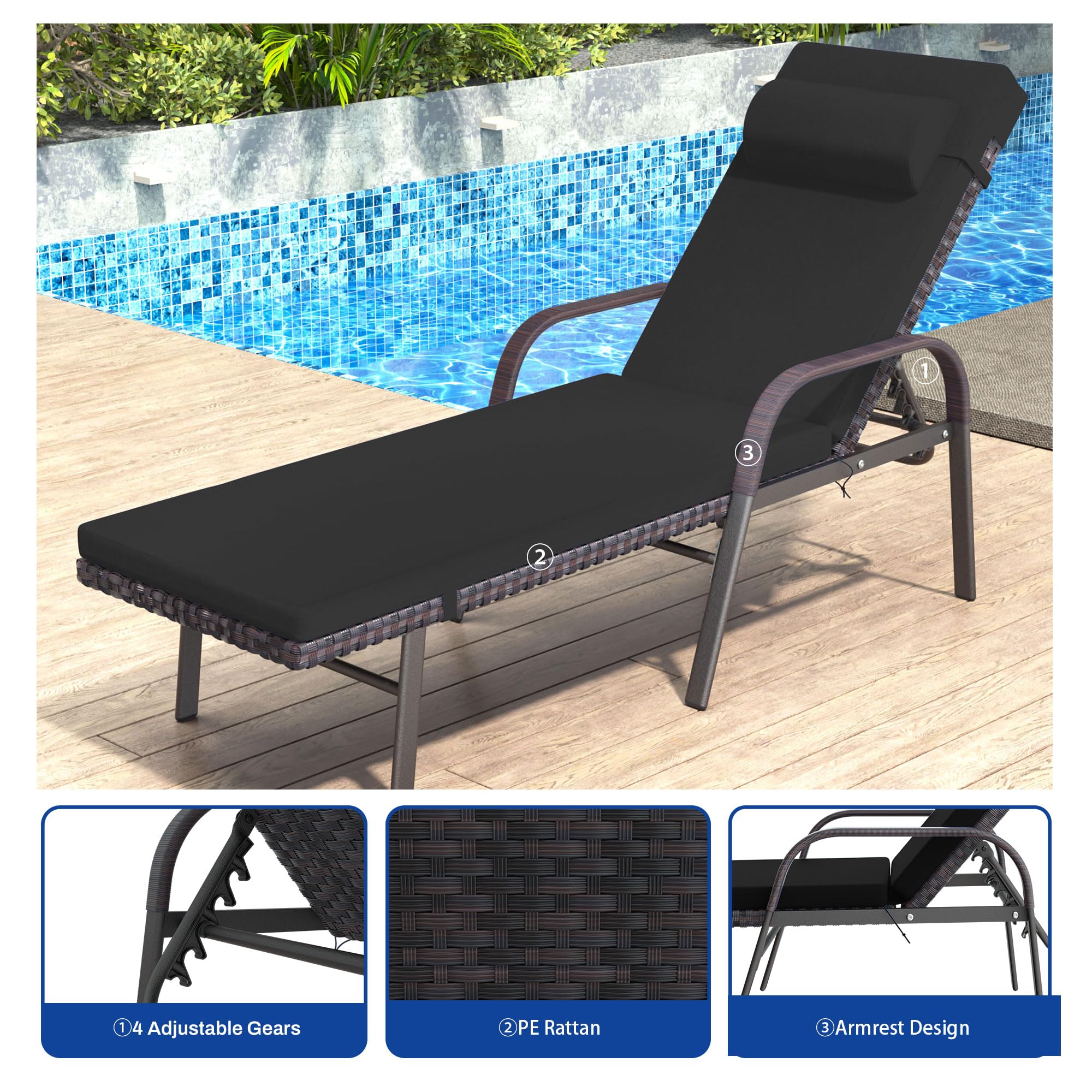 3-Piece Patio Chaise Lounge Set with Cushions - Adjustable Rattan Backrest Folding Pool Chairs & Side Table - Outdoor Furniture for Poolside, Porch, Deck, Garden Relaxation (Black)