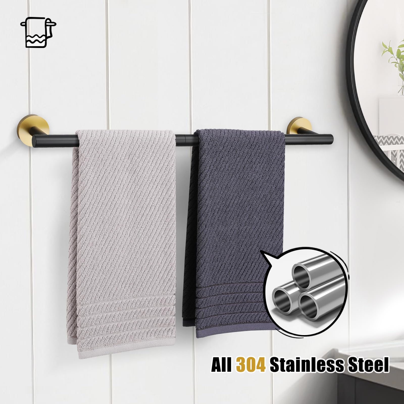 23.6 Inch Stainless Steel Bath Towel Rack - Matte Black & Gold Wall Mounted Round Towel Holder for Bathroom, Kitchen & Spa | Durable & Stylish Home Decor