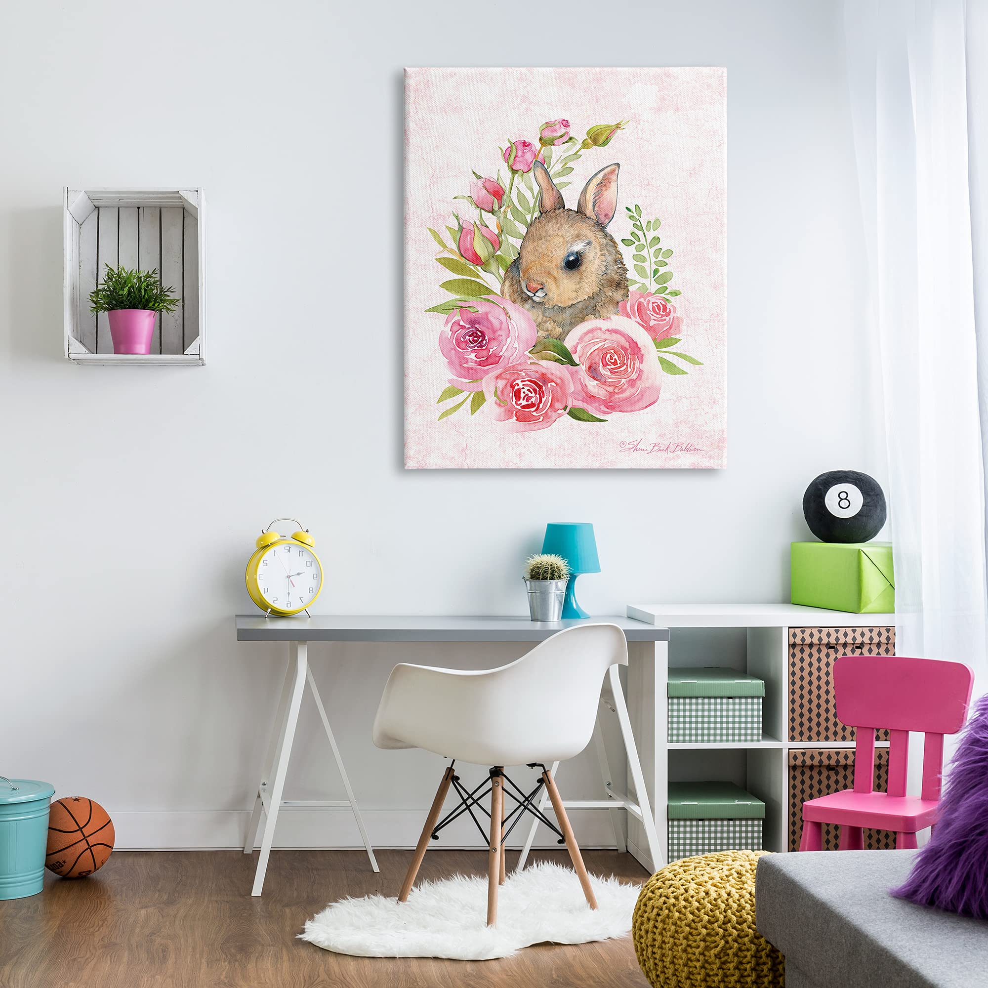 Stupell Industries Sherri Buck Baldwin Pink Blooming Rose Flowers Cute Bunny Rabbit Canvas Wall Art - Perfect for Nursery, Kids Room & Spring Home Decor