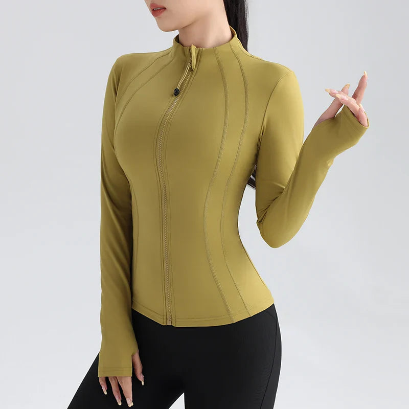 Women's Full Zip Yoga Jacket with Thumbholes - Stretch Fit Long Sleeve Workout Top for Gym, Running & Fitness - Breathable Round Neck Sportswear for Yoga, Pilates & Outdoor Activities